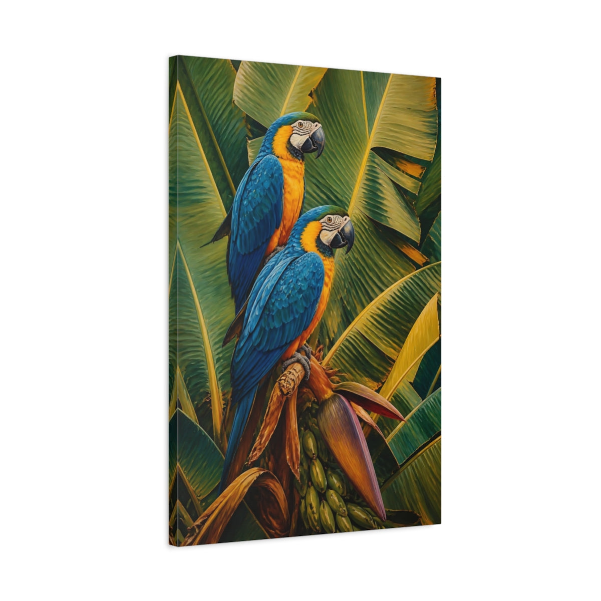 Side Mockup 2. Animals Macaws Blue Macaws shown as stretched canvas wall art