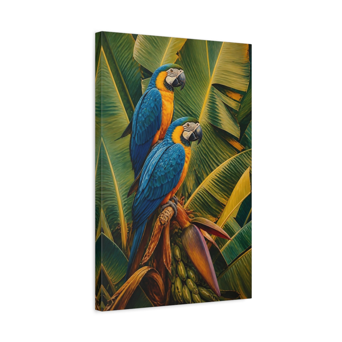 Side Mockup 3. Animals Macaws Blue Macaws shown as stretched canvas wall art