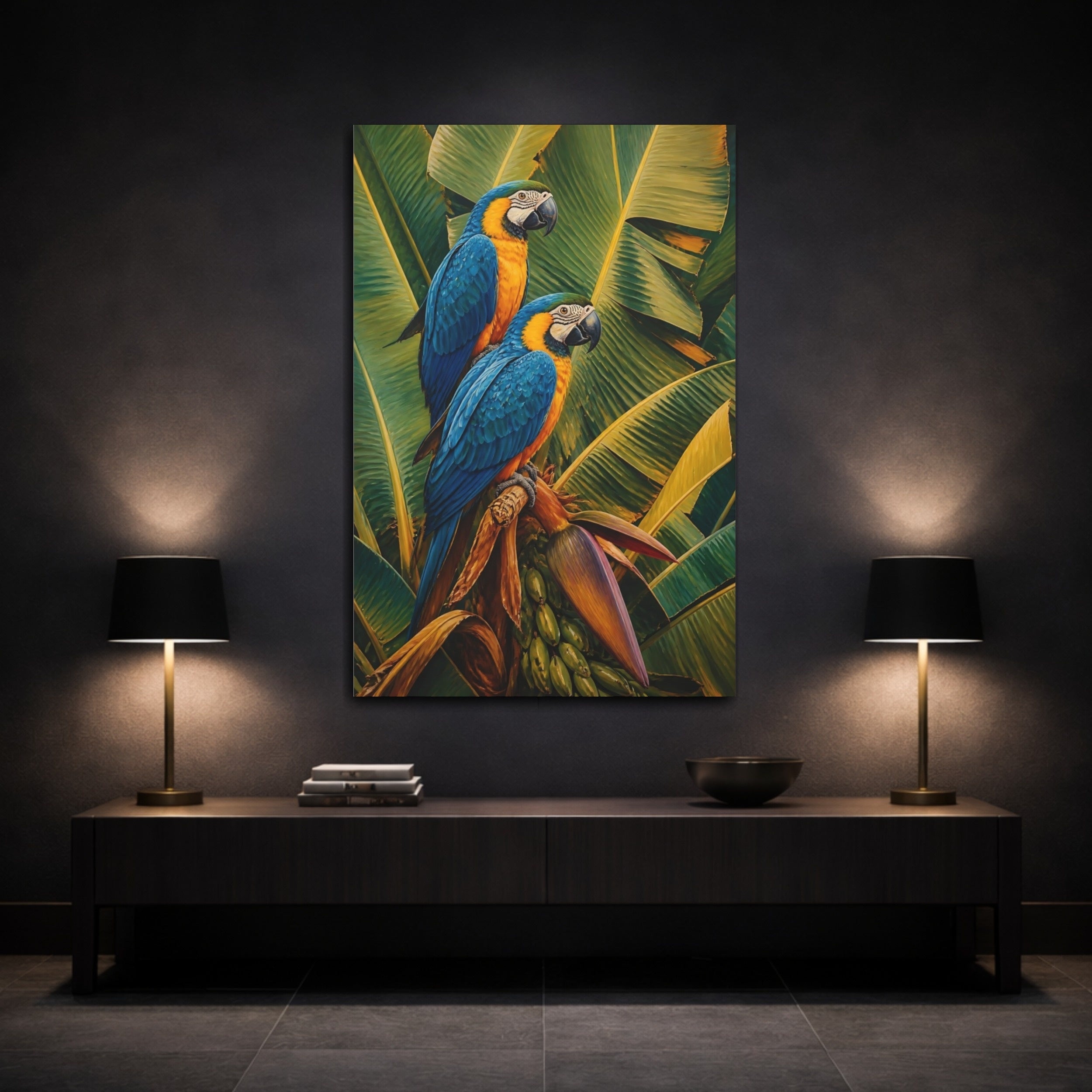 Mockup 3. Animals Macaws Blue Macaws shown as stretched canvas wall art