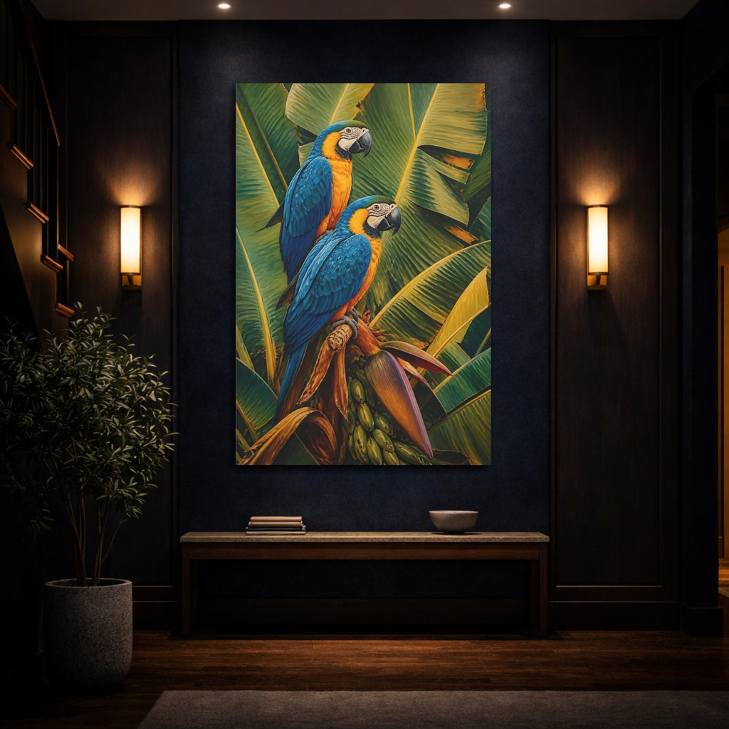 Mockup 4. Animals Macaws Blue Macaws shown as stretched canvas wall art