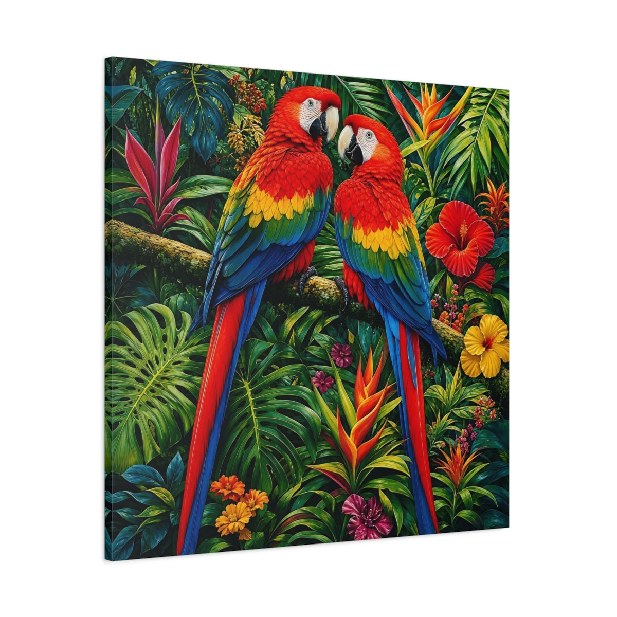 Side Mockup 1. Animals Macaws Colorful Macaws shown as stretched canvas wall art