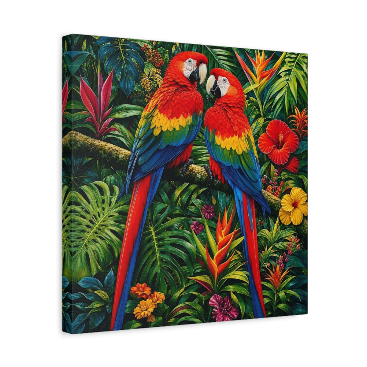 Side Mockup 6. Animals Macaws Colorful Macaws shown as stretched canvas wall art