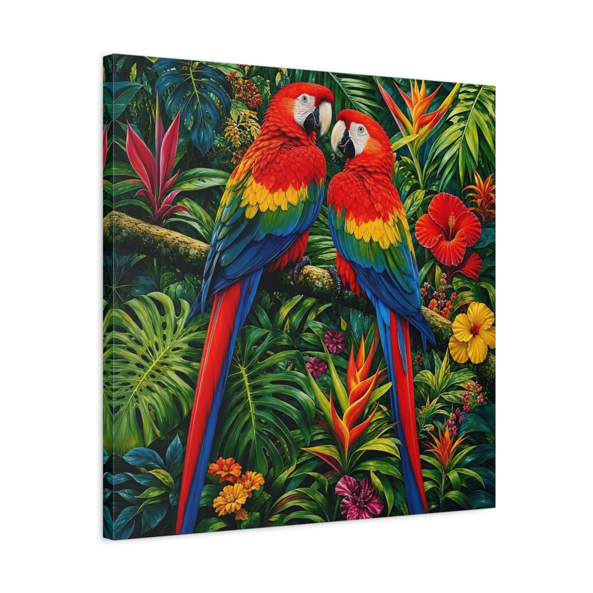 Side Mockup 4. Animals Macaws Colorful Macaws shown as stretched canvas wall art