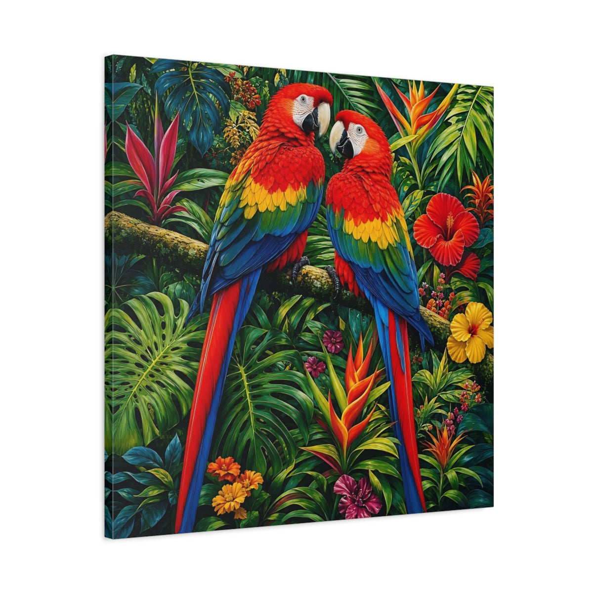 Side Mockup 3. Animals Macaws Colorful Macaws shown as stretched canvas wall art
