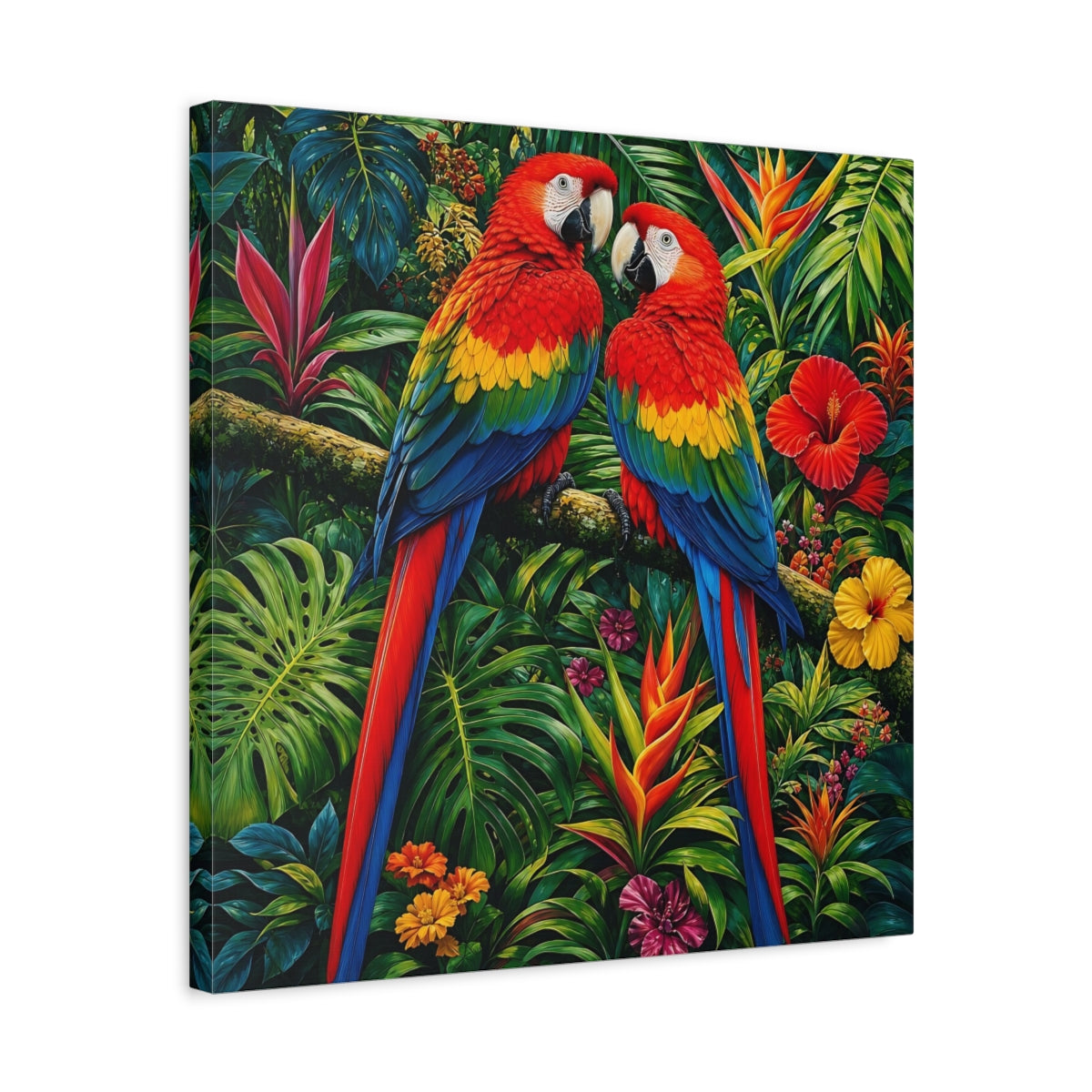 Side Mockup 5. Animals Macaws Colorful Macaws shown as stretched canvas wall art