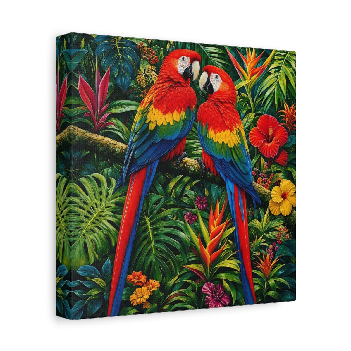 Side Mockup 9. Animals Macaws Colorful Macaws shown as stretched canvas wall art