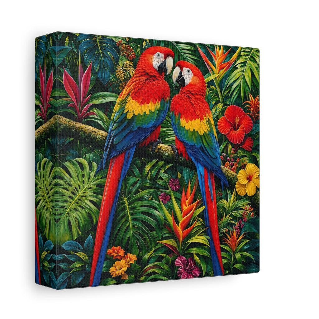 Side Mockup 2. Animals Macaws Colorful Macaws shown as stretched canvas wall art