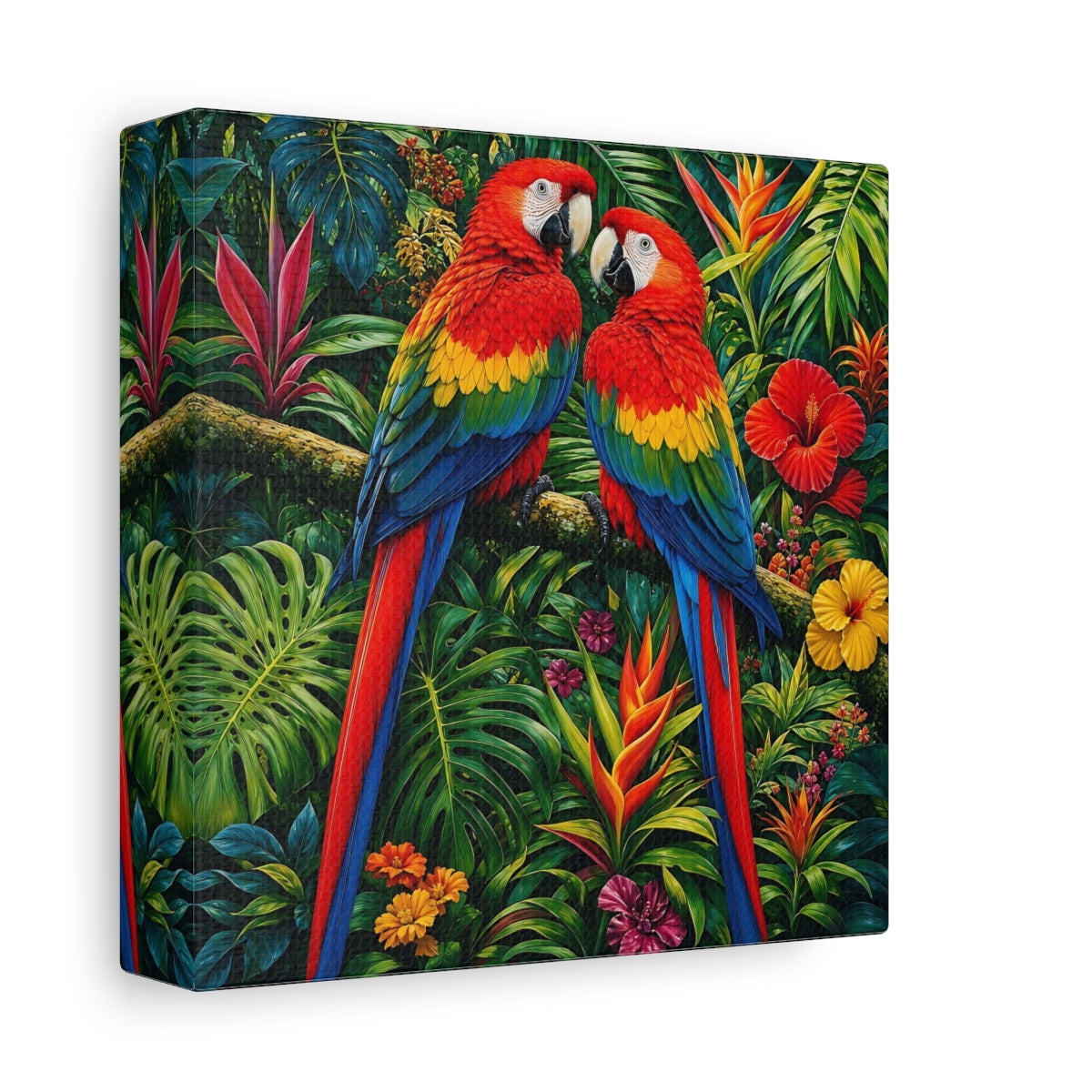 Side Mockup 2. Animals Macaws Colorful Macaws shown as stretched canvas wall art