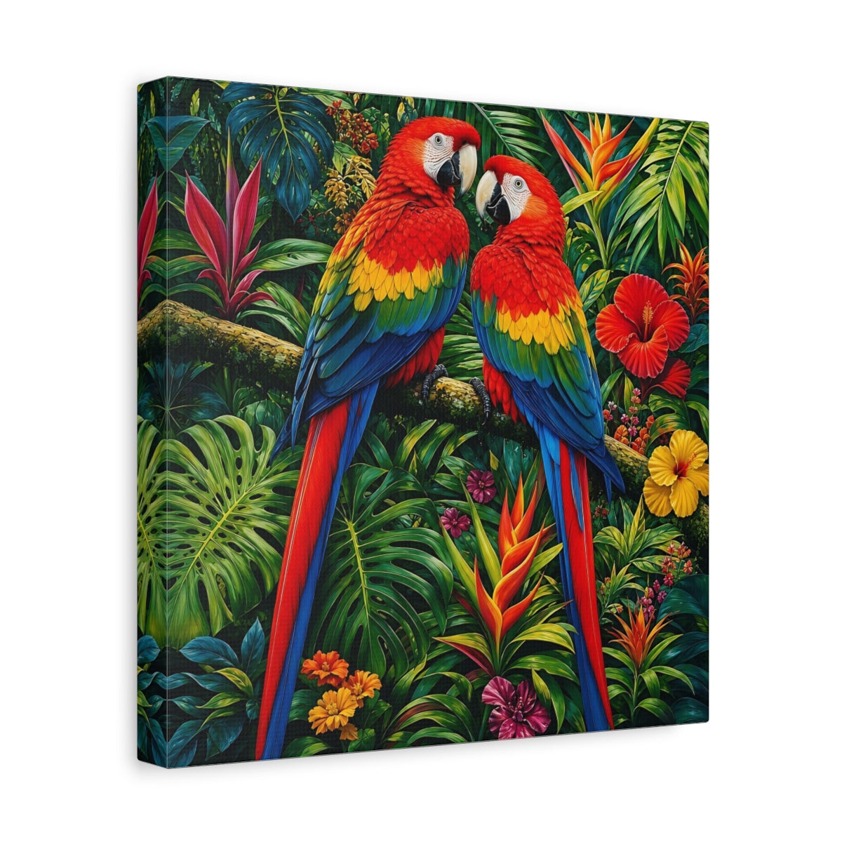 Side Mockup 8. Animals Macaws Colorful Macaws shown as stretched canvas wall art