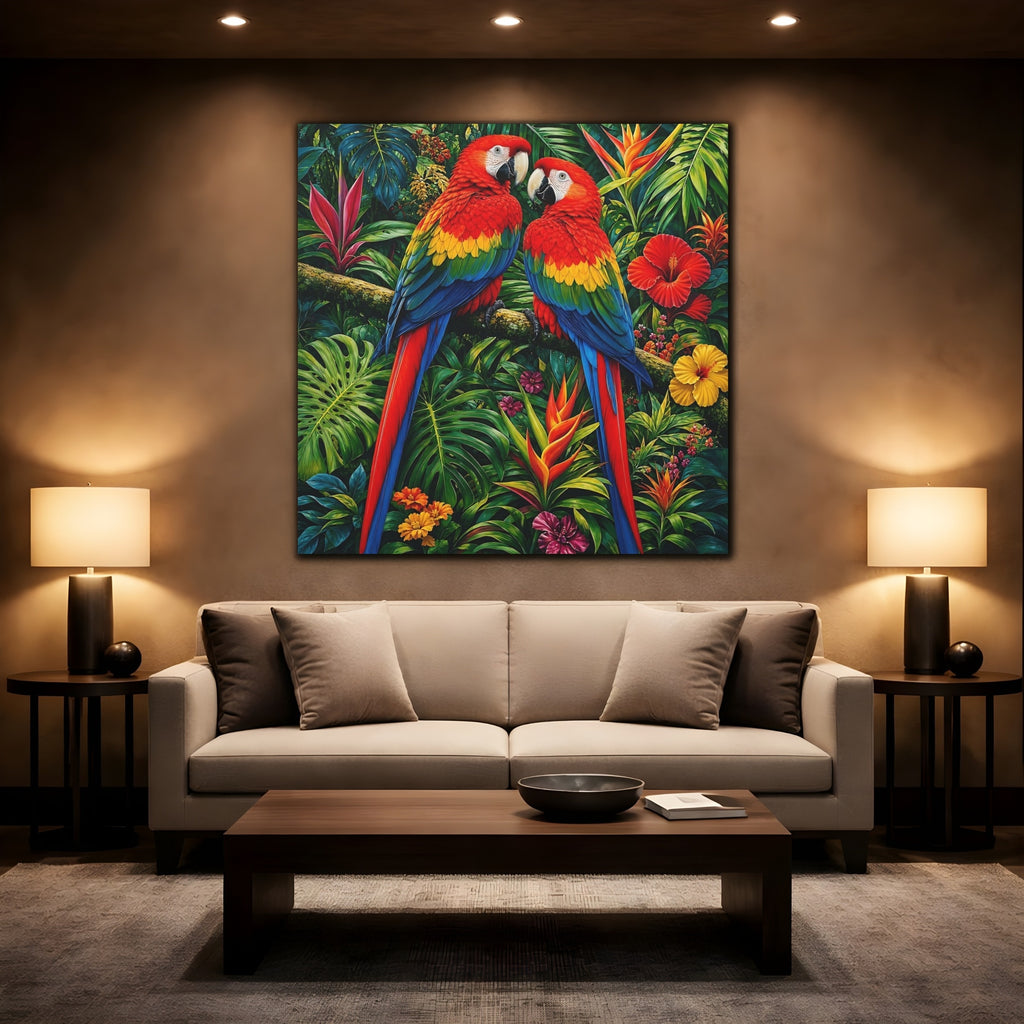 Mockup 2. Animals Macaws Colorful Macaws shown as stretched canvas wall art