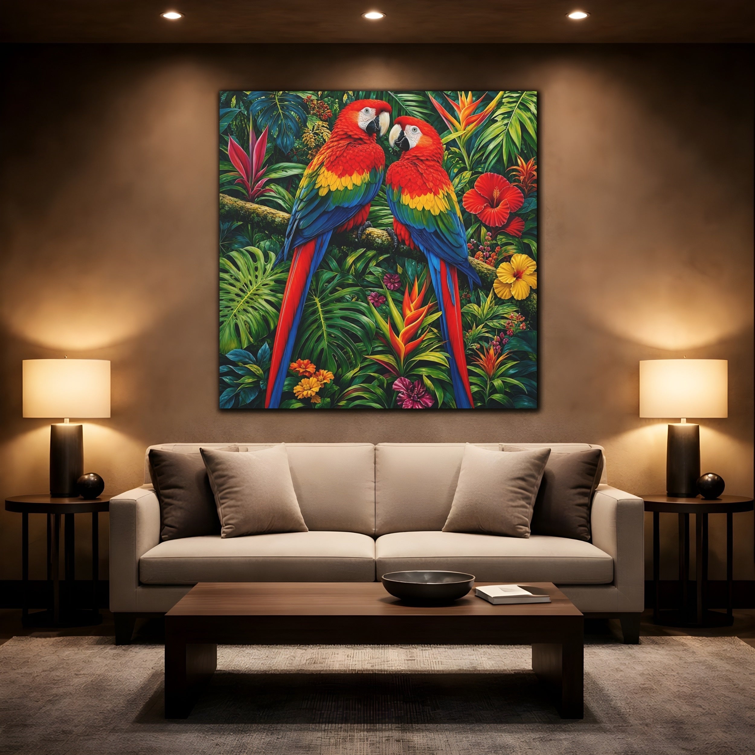 Mockup 2. Animals Macaws Colorful Macaws shown as stretched canvas wall art