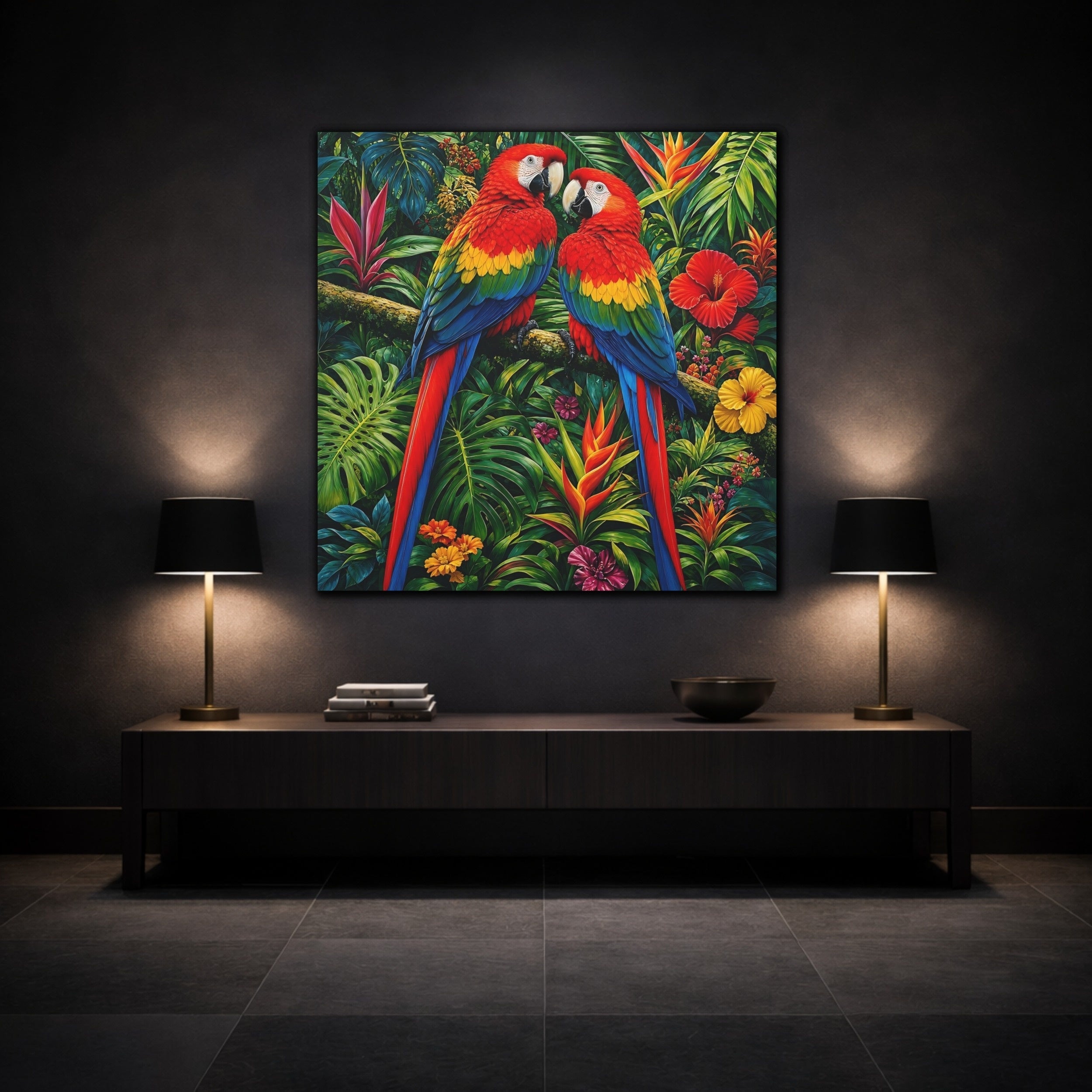 Mockup 3. Animals Macaws Colorful Macaws shown as stretched canvas wall art