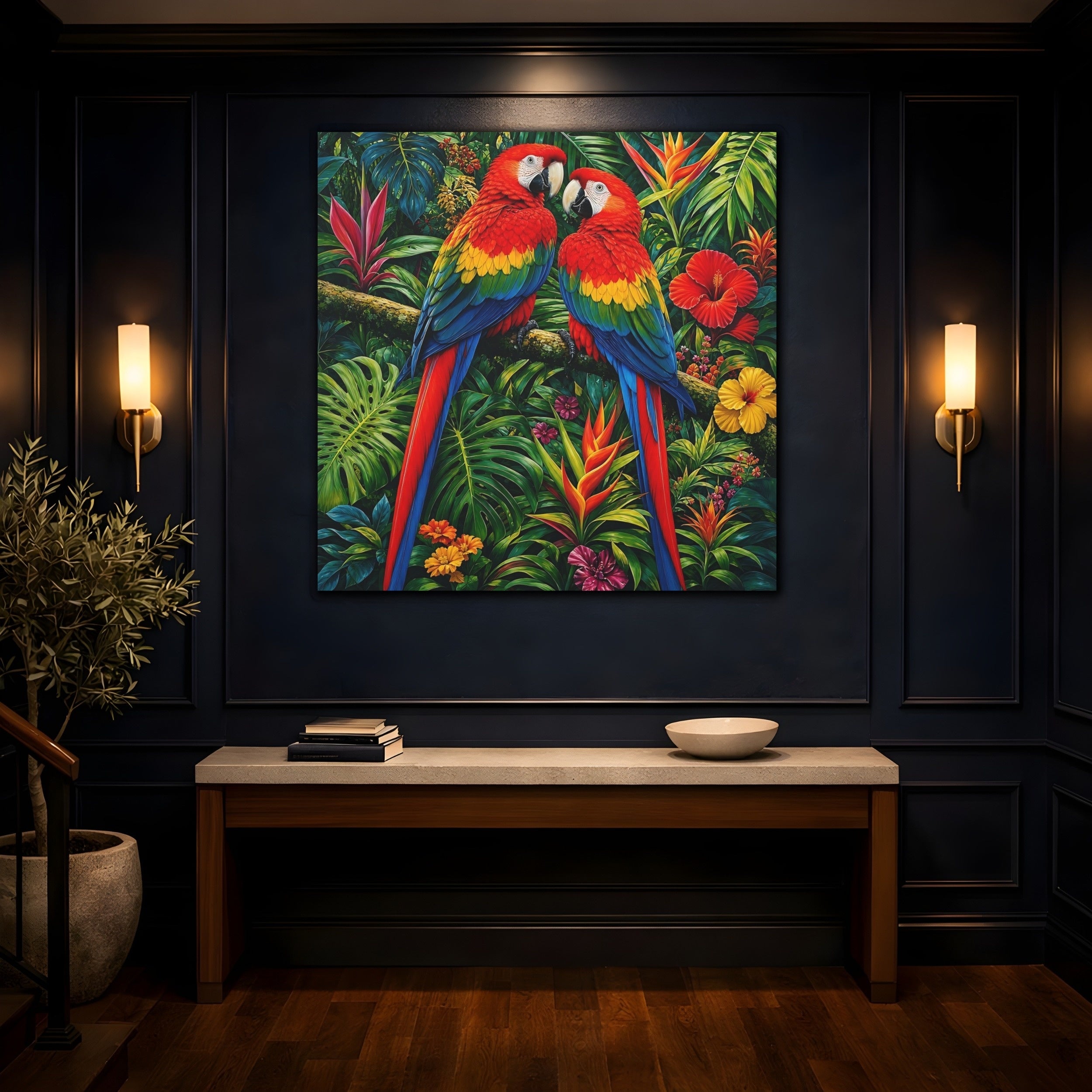 Mockup 4. Animals Macaws Colorful Macaws shown as stretched canvas wall art
