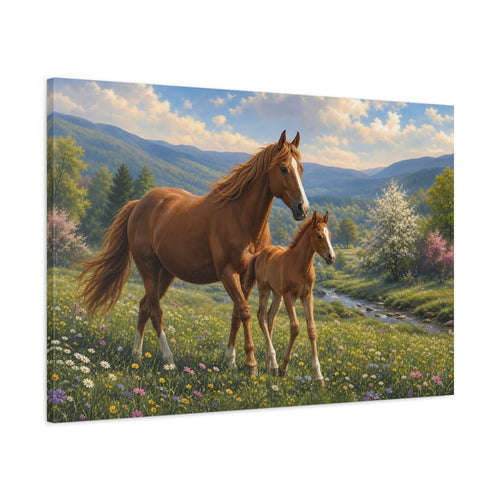 Main Mockup. Animals Mare And Foal Brown And Green shown as stretched canvas wall art