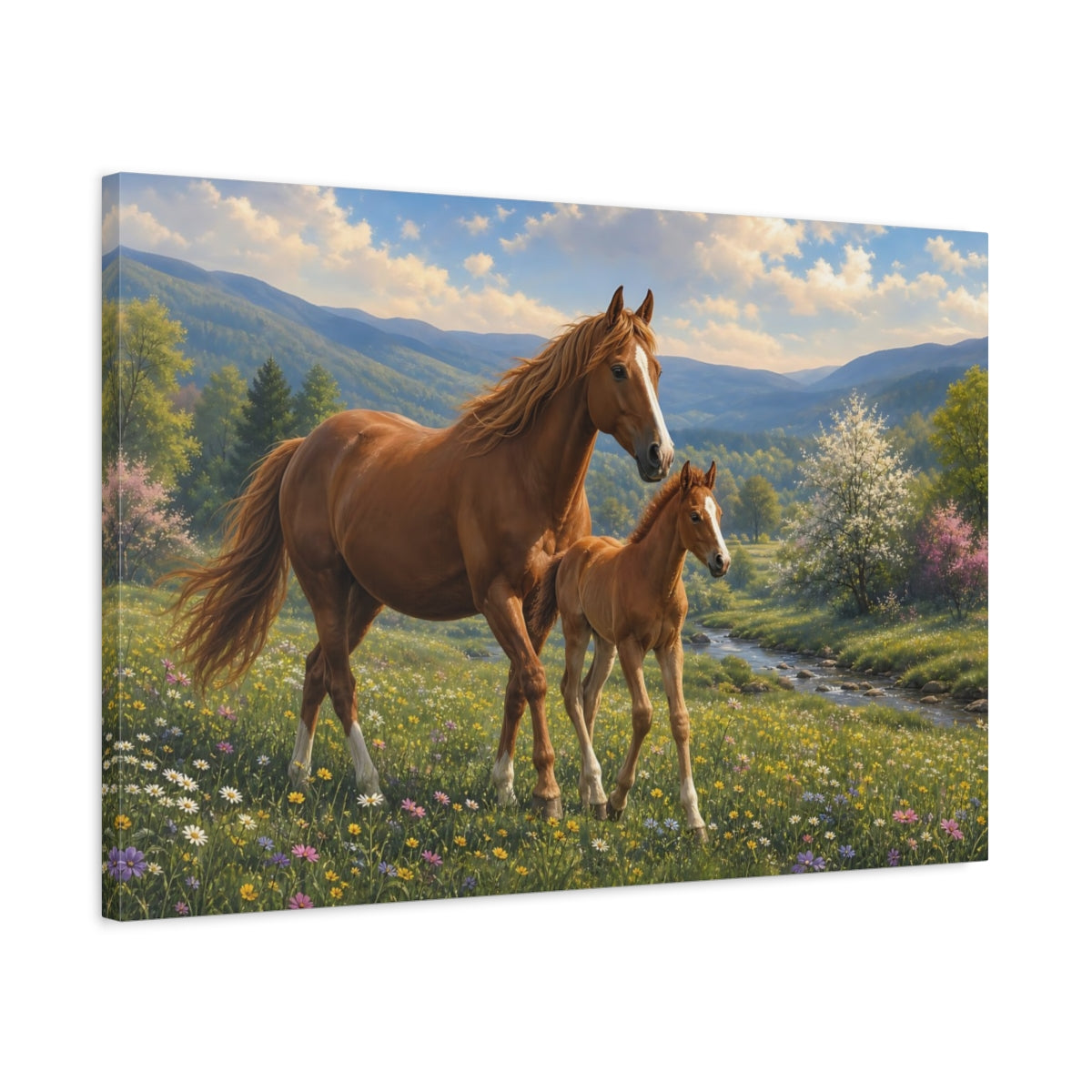 Side Mockup 2. Animals Mare And Foal Brown And Green shown as stretched canvas wall art