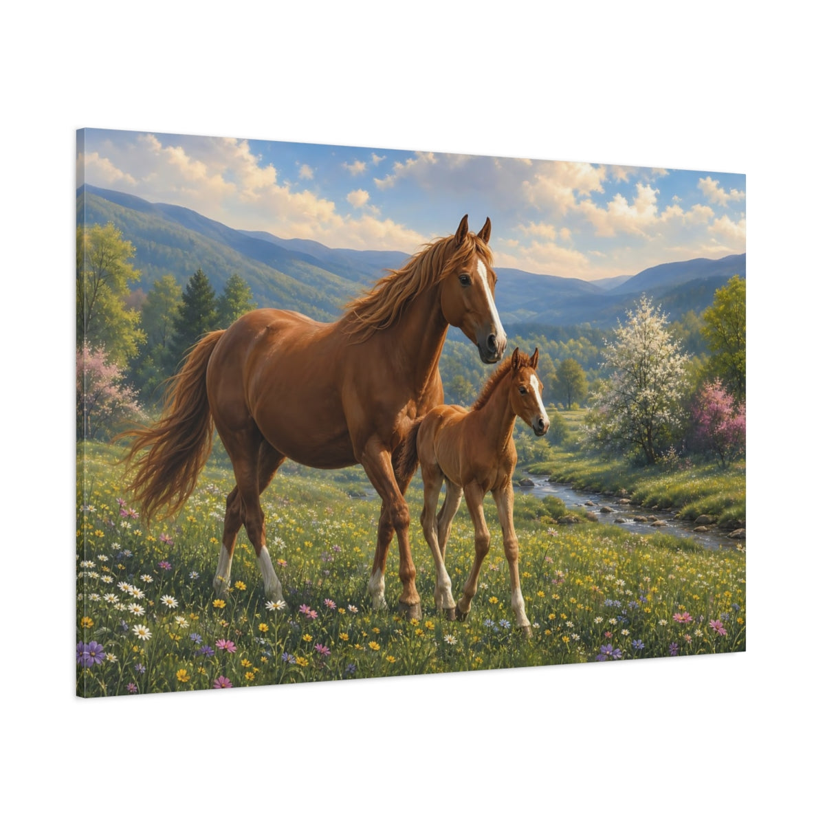 Side Mockup 1. Animals Mare And Foal Brown And Green shown as stretched canvas wall art