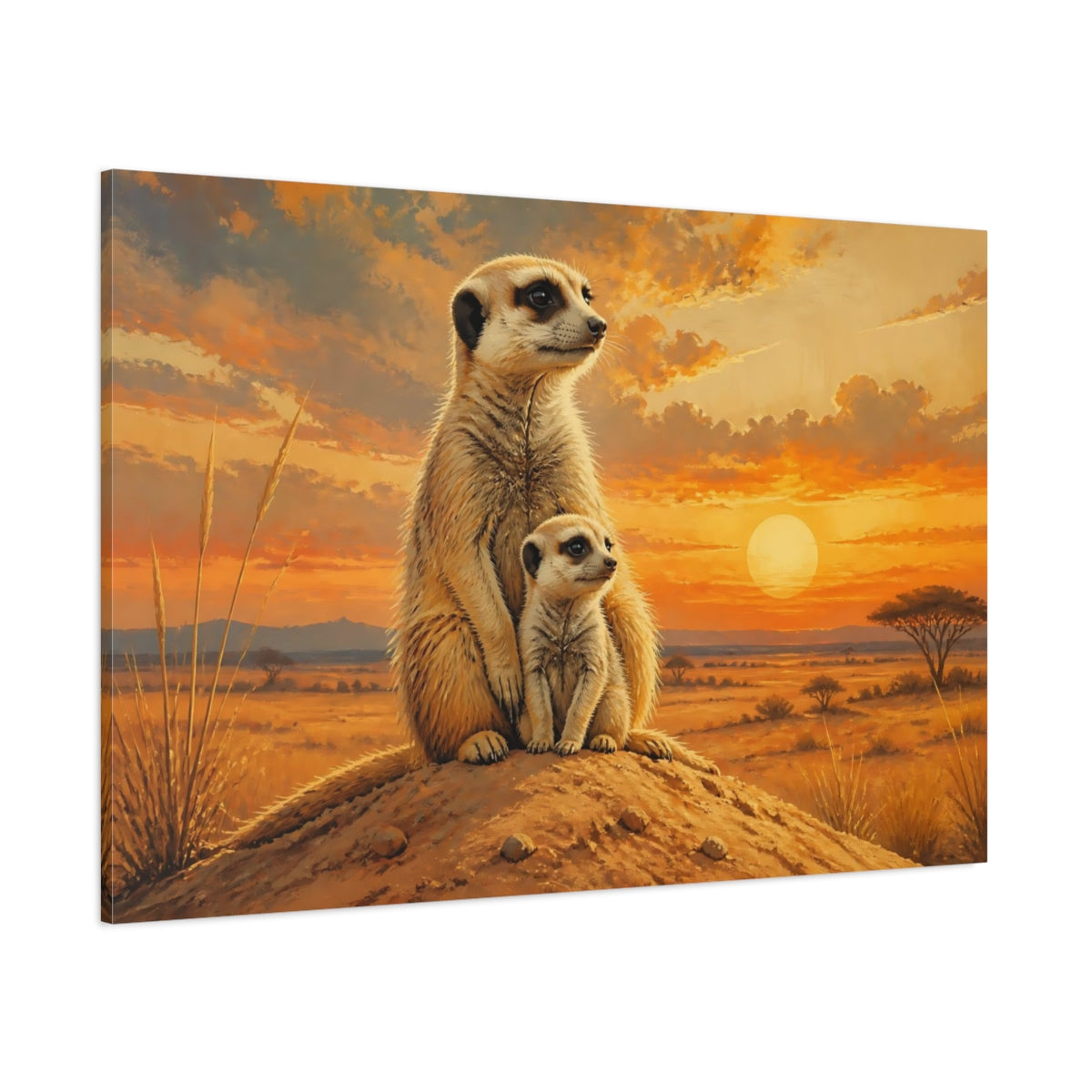 Side Mockup 1. Animals Meerkats Orange Sunset Meerkats shown as stretched canvas wall art
