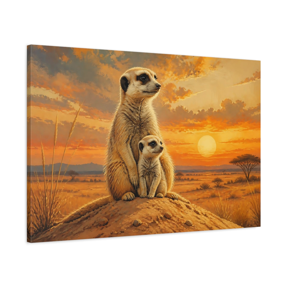 Main Mockup. Animals Meerkats Orange Sunset Meerkats shown as stretched canvas wall art