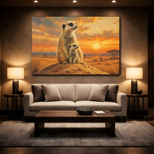 Mockup 2. Animals Meerkats Orange Sunset Meerkats shown as stretched canvas wall art