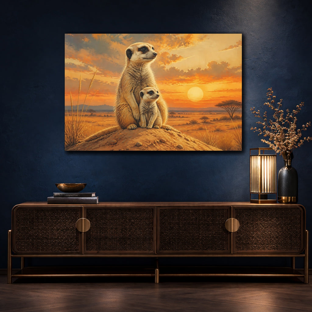 Mockup 4. Animals Meerkats Orange Sunset Meerkats shown as stretched canvas wall art