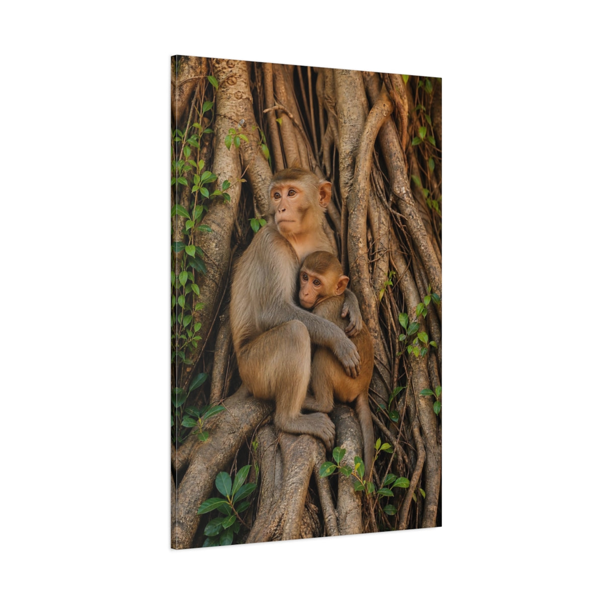 Side Mockup 1. Animals Monkeys Brown Monkeys shown as stretched canvas wall art