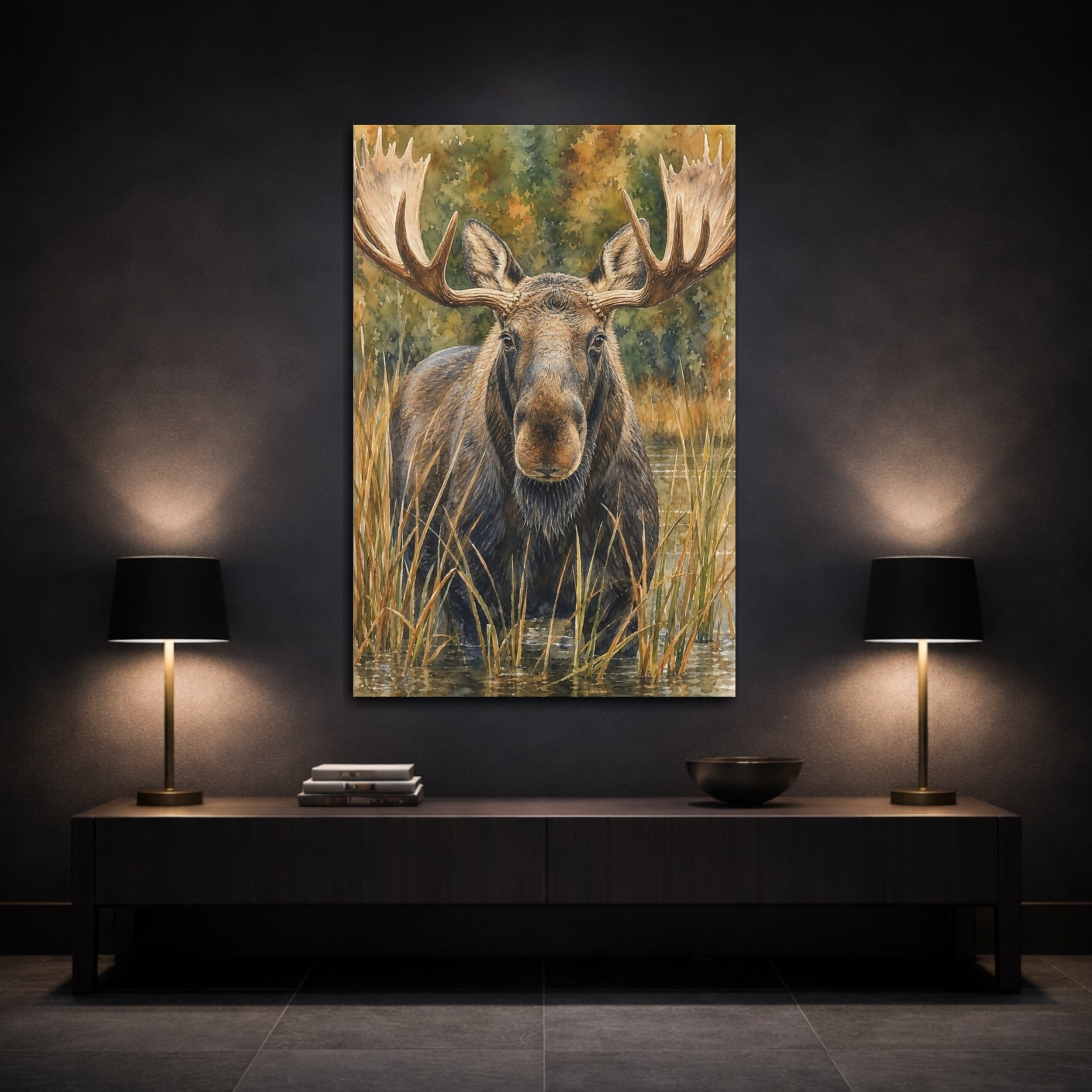 Mockup 3. Animals Moose Brown Moose Art shown as stretched canvas wall art