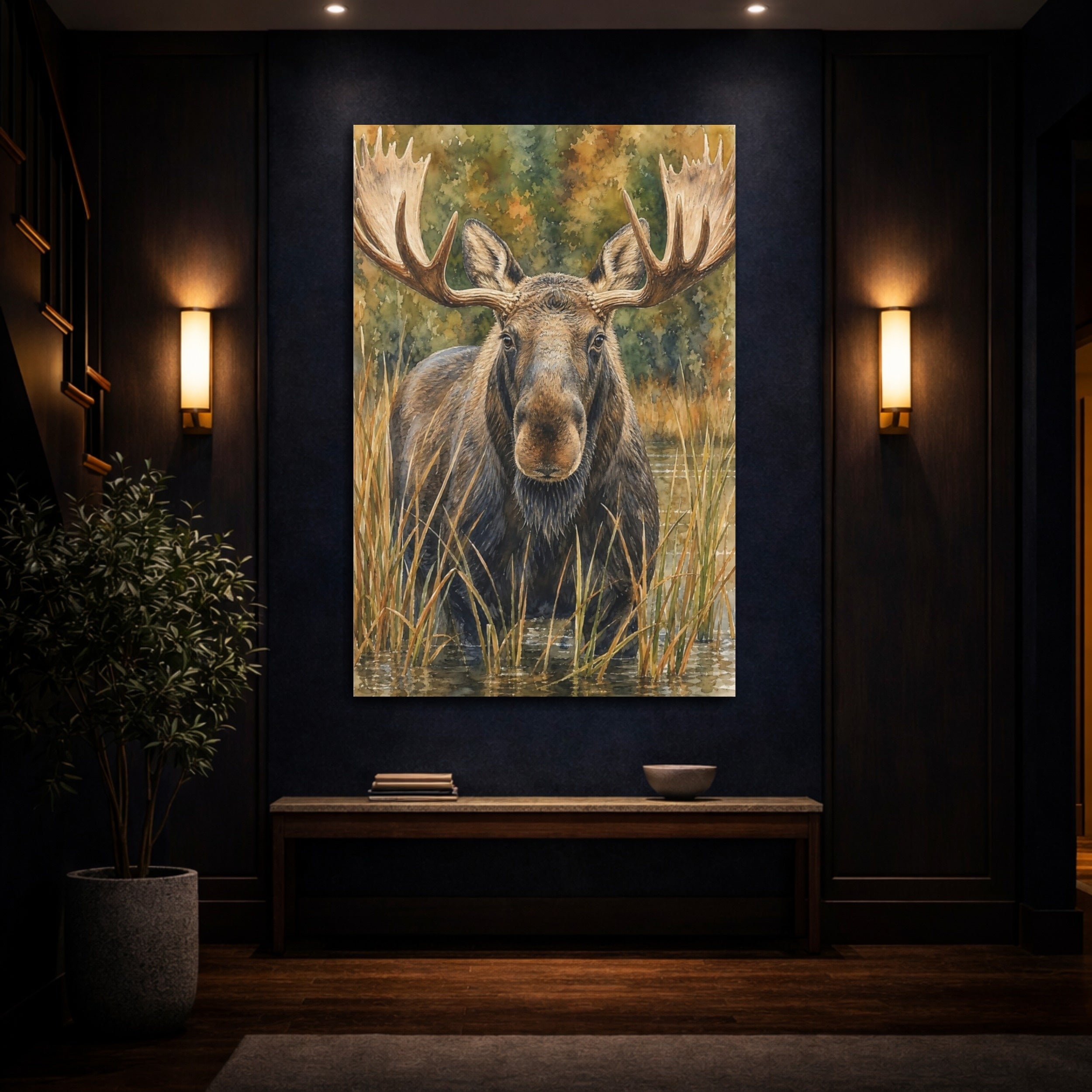 Mockup 4. Animals Moose Brown Moose Art shown as stretched canvas wall art