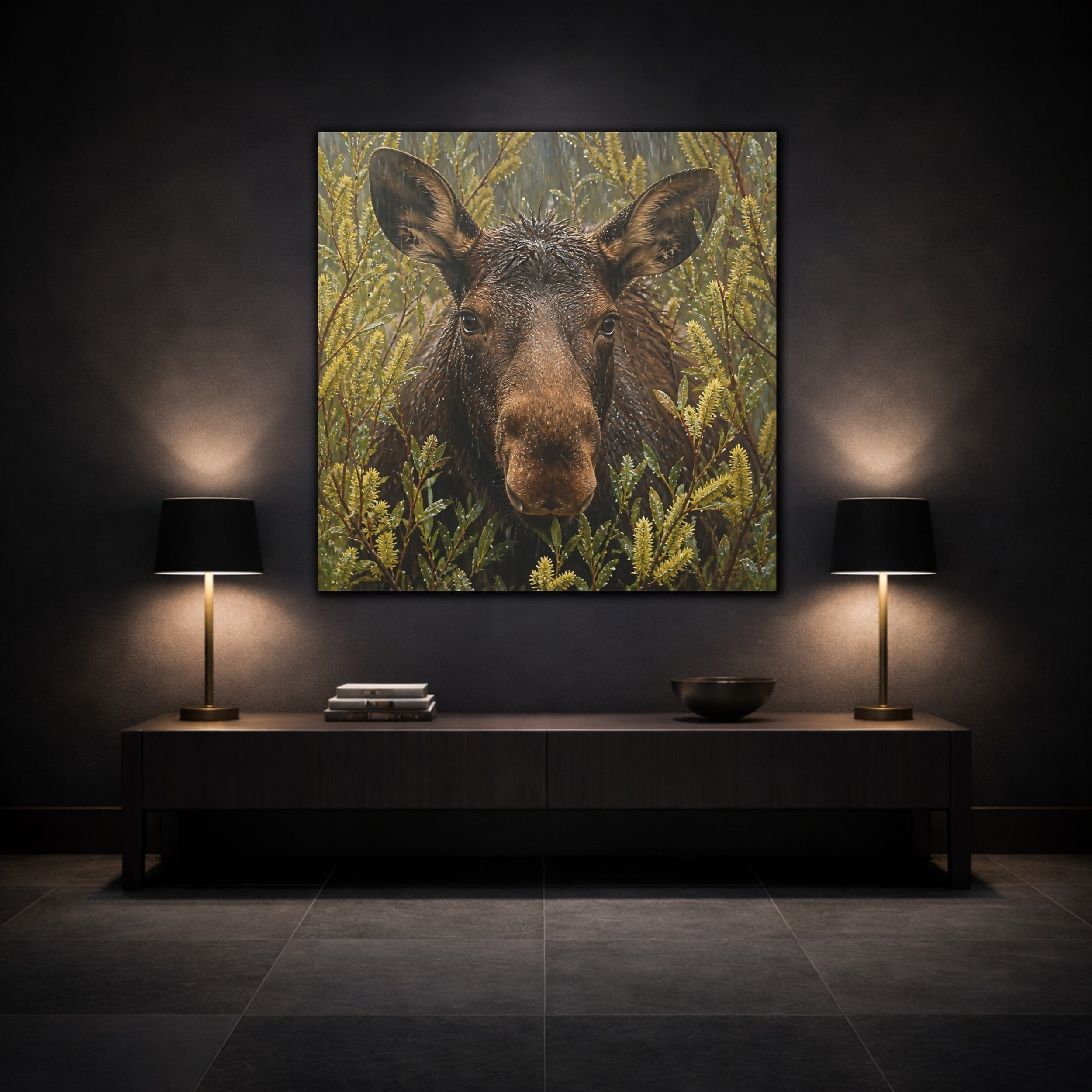 Mockup 3. Animals Moose Brown Moose shown as stretched canvas wall art