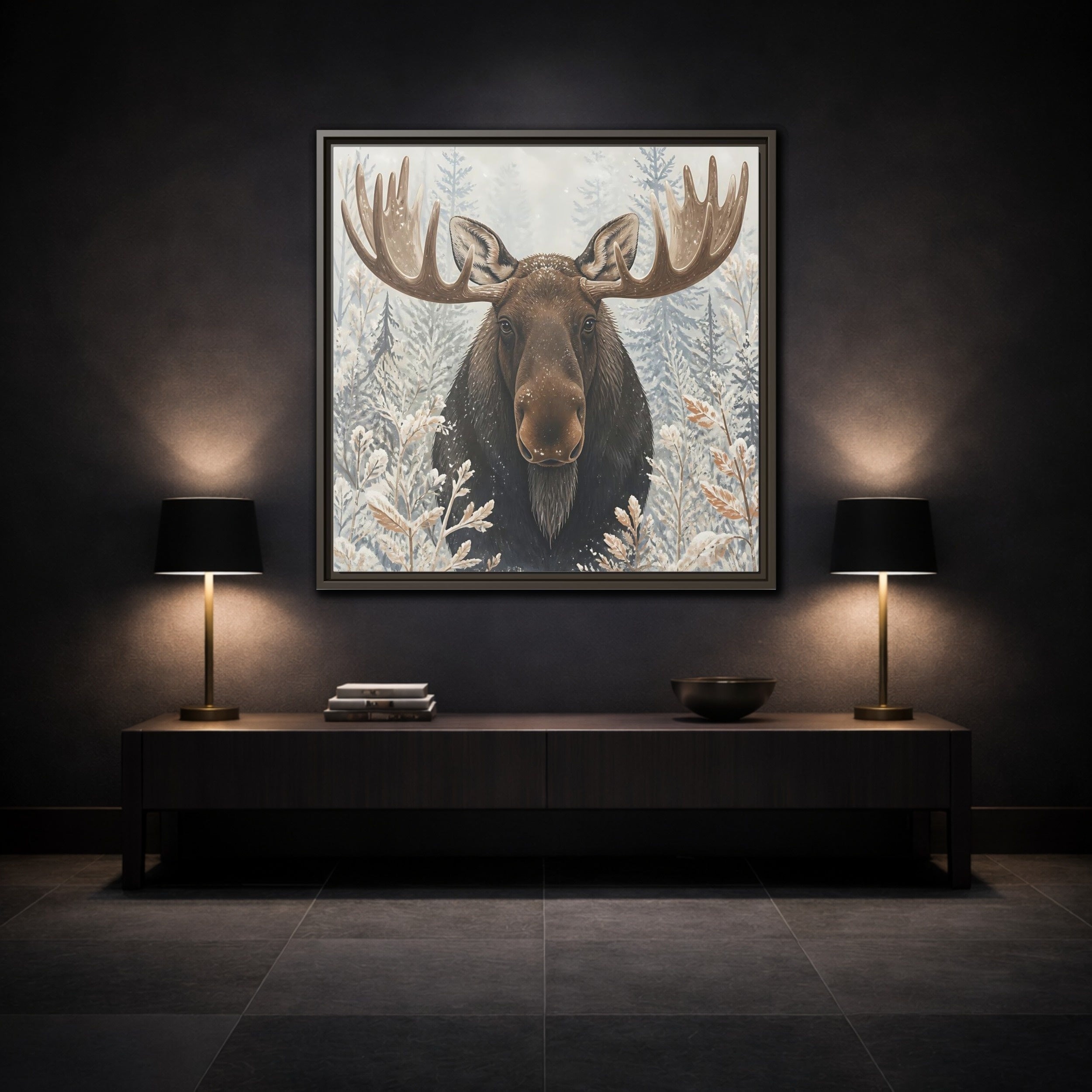 Mockup 3. Animals Moose Brown Moose shown as stretched canvas wall art