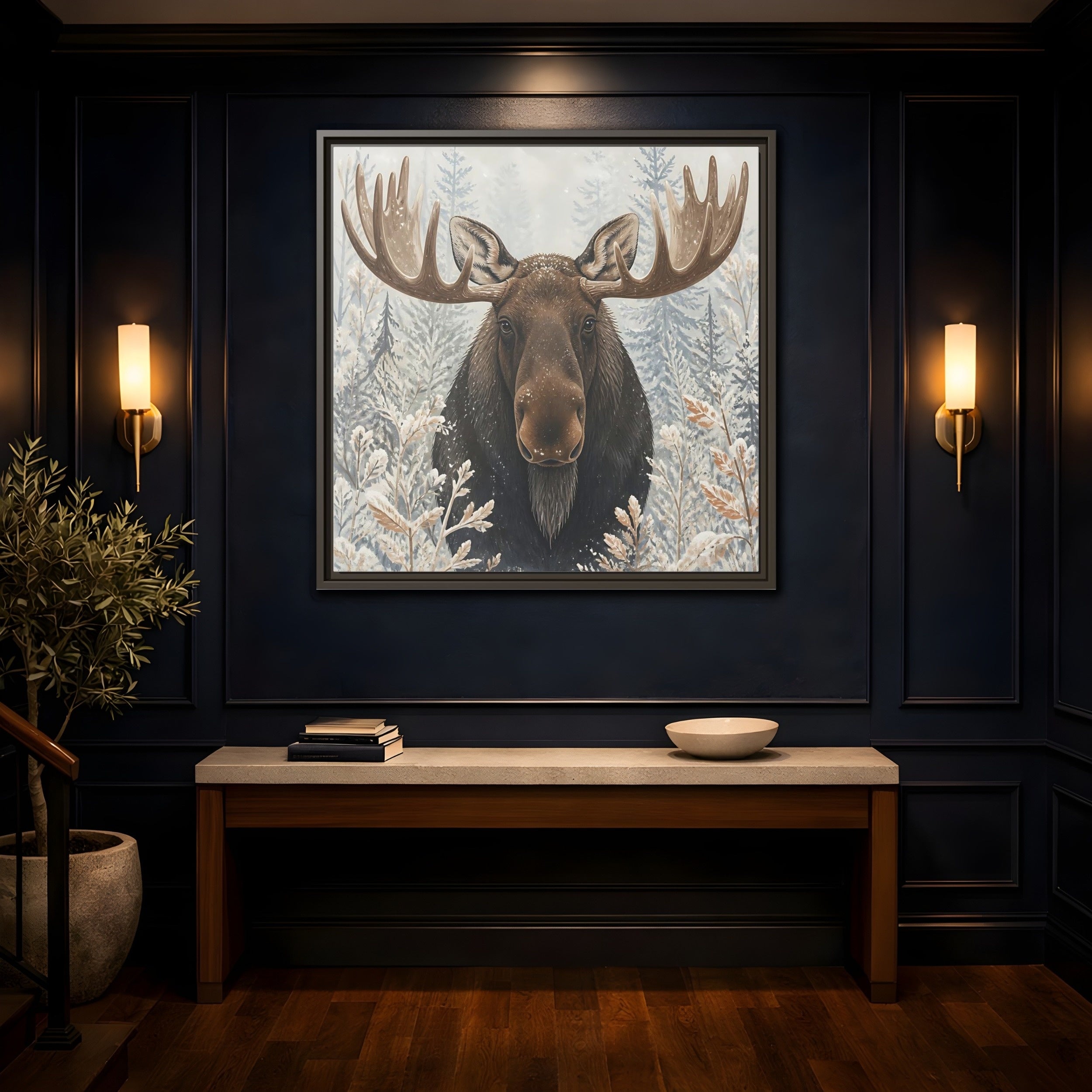 Mockup 4. Animals Moose Brown Moose shown as stretched canvas wall art