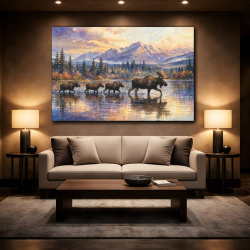 Mockup 2. Animals Moose Moose Sunset shown as canvas print