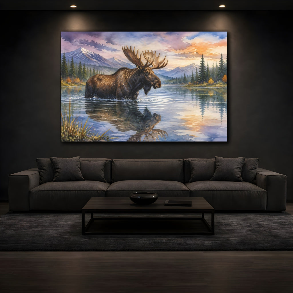 Mockup 3. Animals Moose Moose Wildlife Sunset shown as canvas print