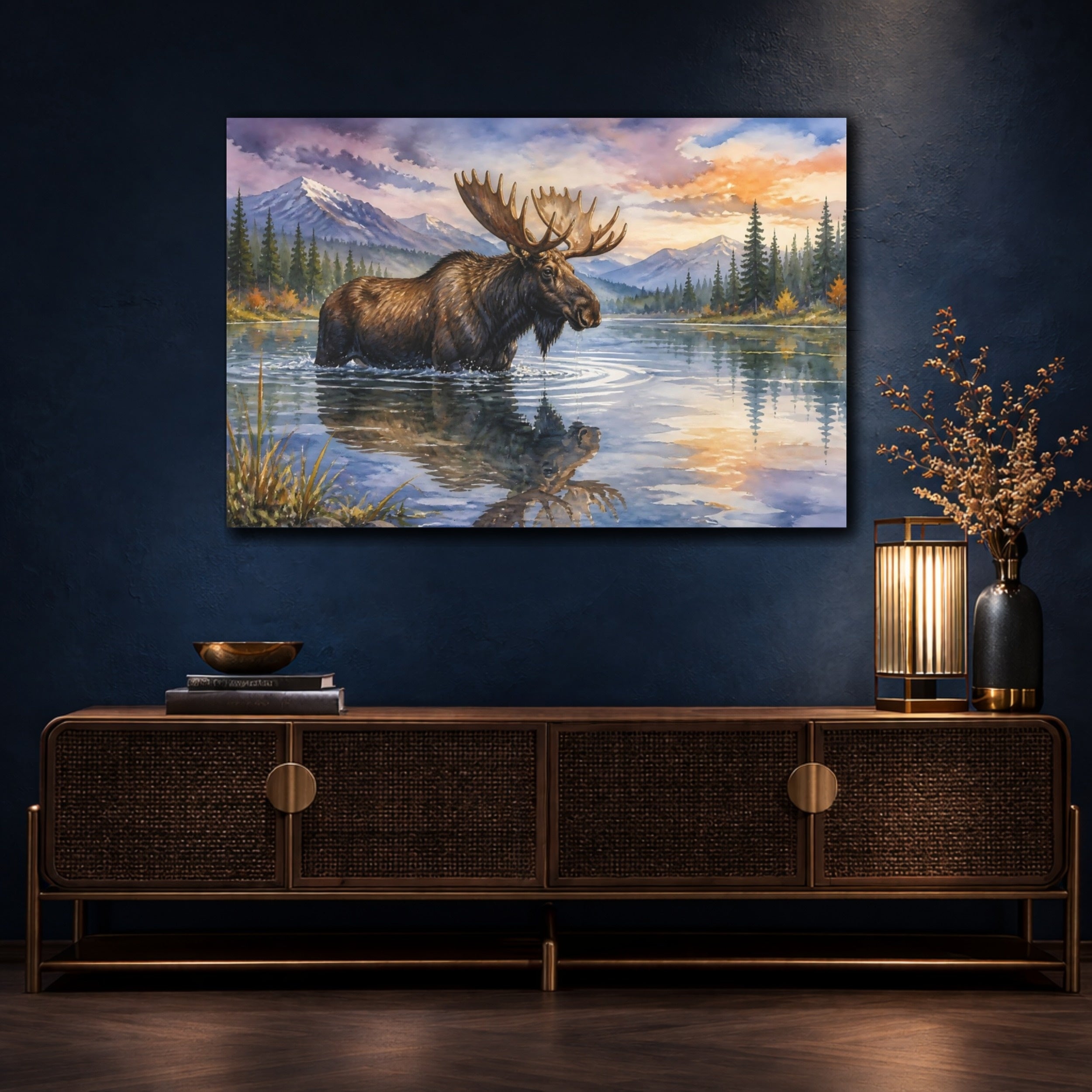 Mockup 4. Animals Moose Moose Wildlife Sunset shown as canvas print