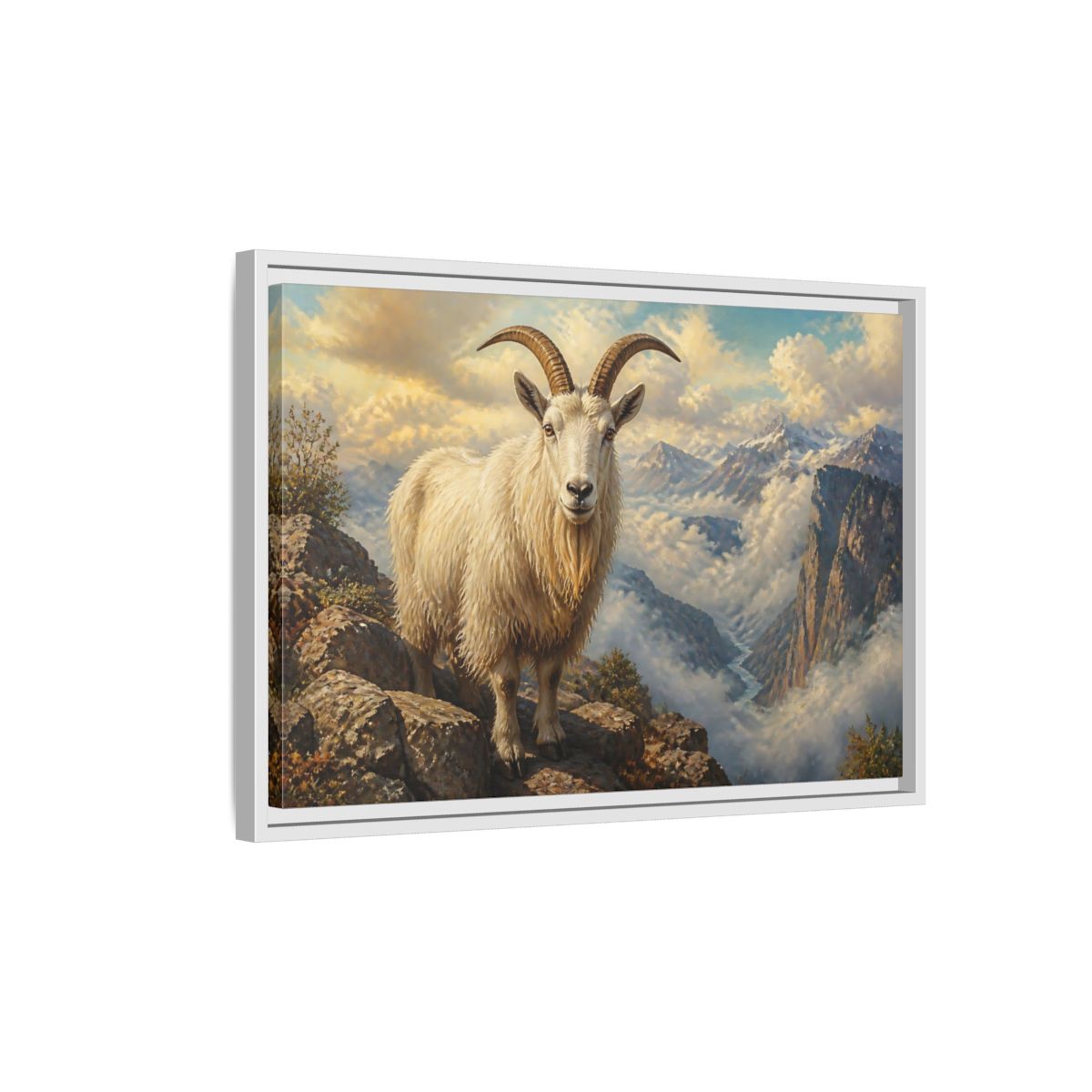 Side Mockup 1. Animals Mountain Goat White Mountain Goat shown as stretched canvas wall art