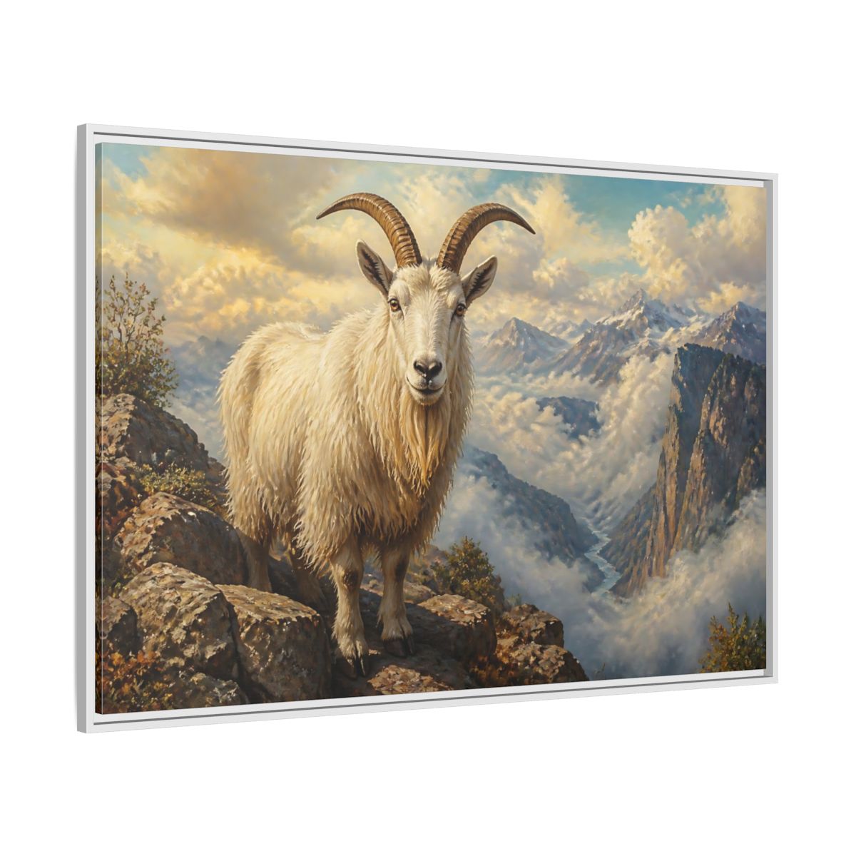 Side Mockup 7. Animals Mountain Goat White Mountain Goat shown as stretched canvas wall art
