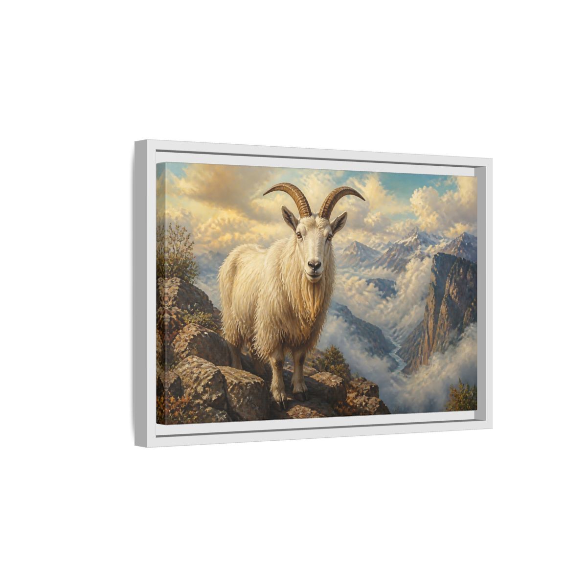 Side Mockup 4. Animals Mountain Goat White Mountain Goat shown as stretched canvas wall art