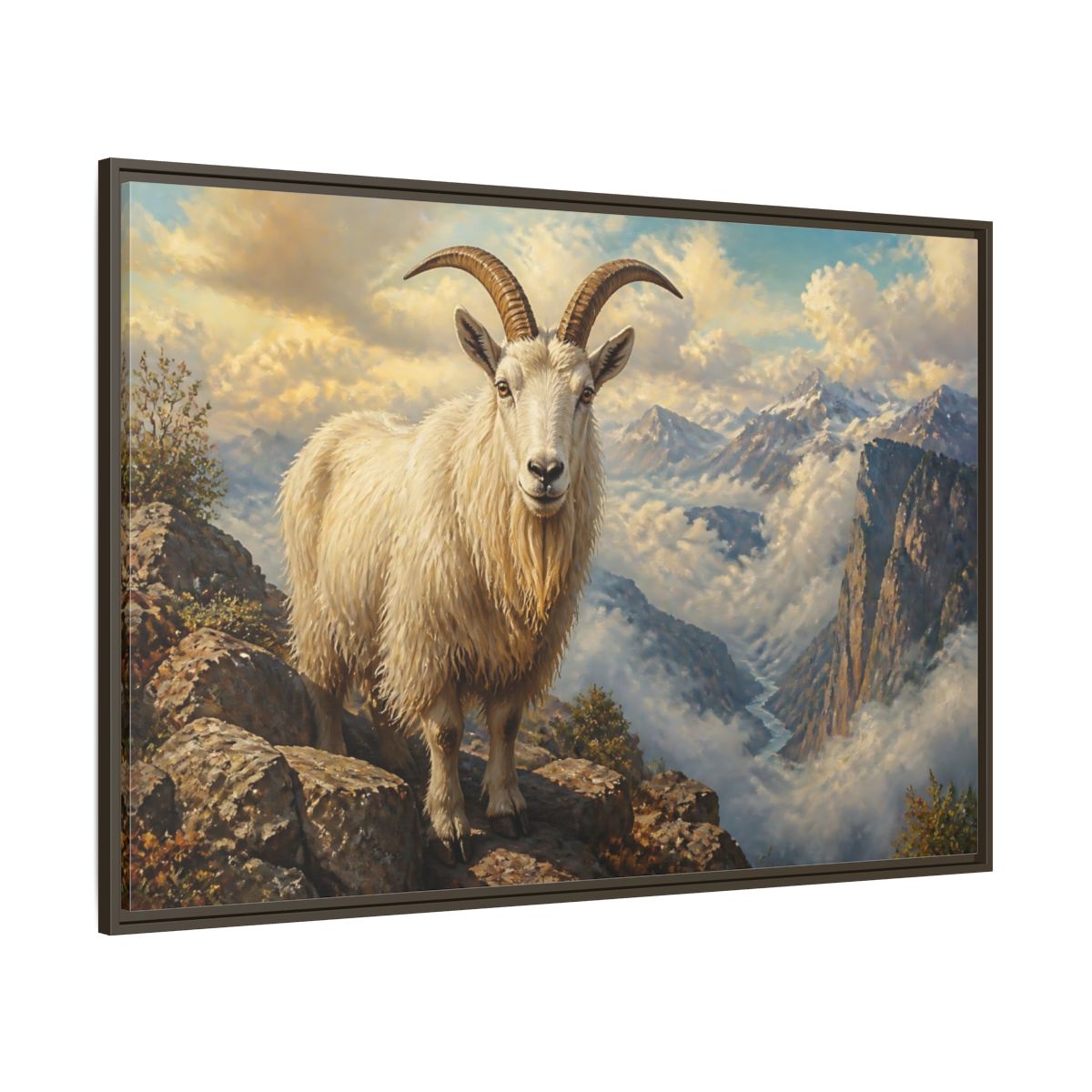 Side Mockup 8. Animals Mountain Goat White Mountain Goat shown as stretched canvas wall art