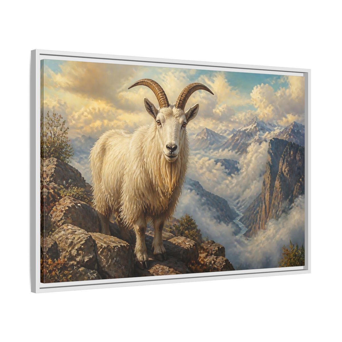 Side Mockup 9. Animals Mountain Goat White Mountain Goat shown as stretched canvas wall art