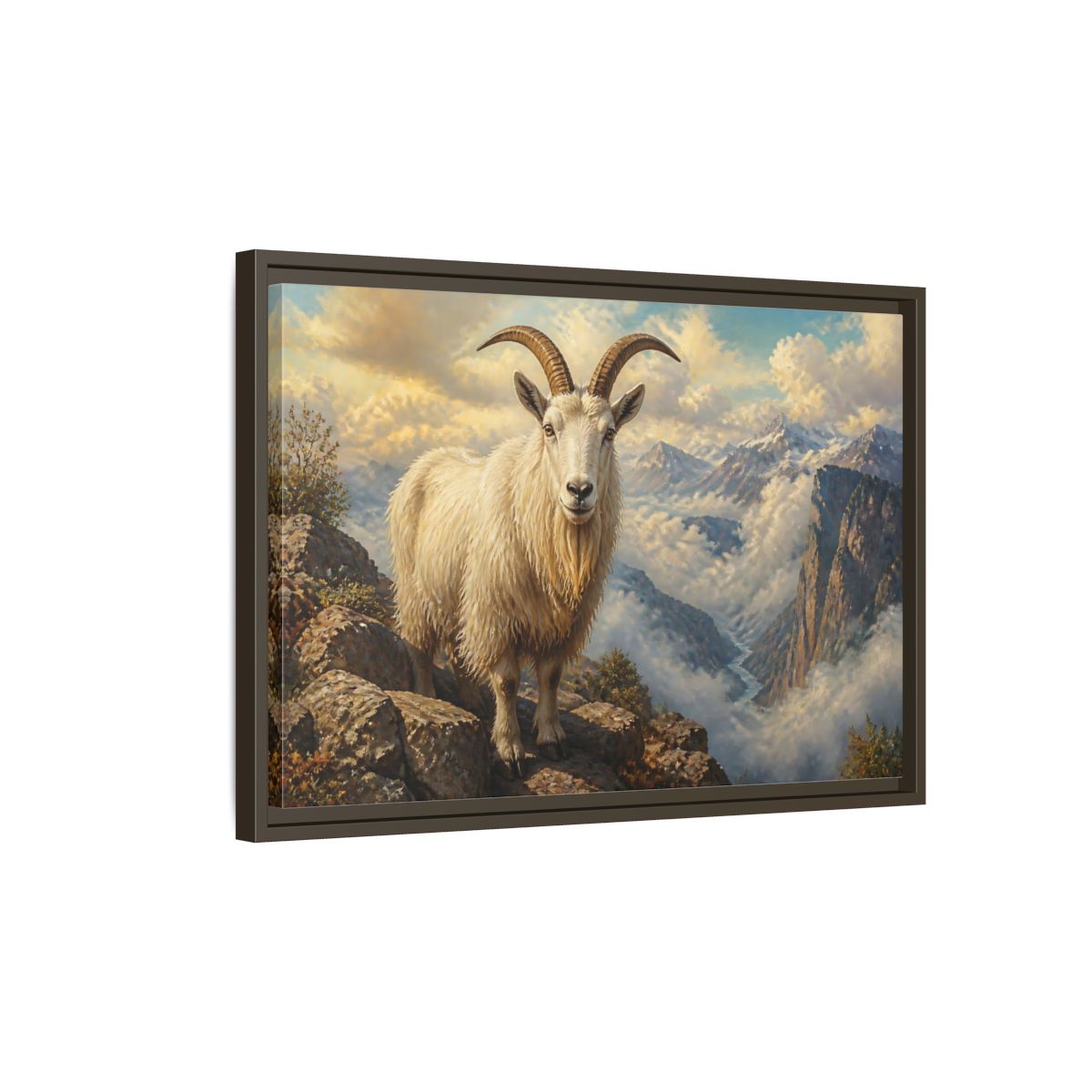 Side Mockup 2. Animals Mountain Goat White Mountain Goat shown as stretched canvas wall art