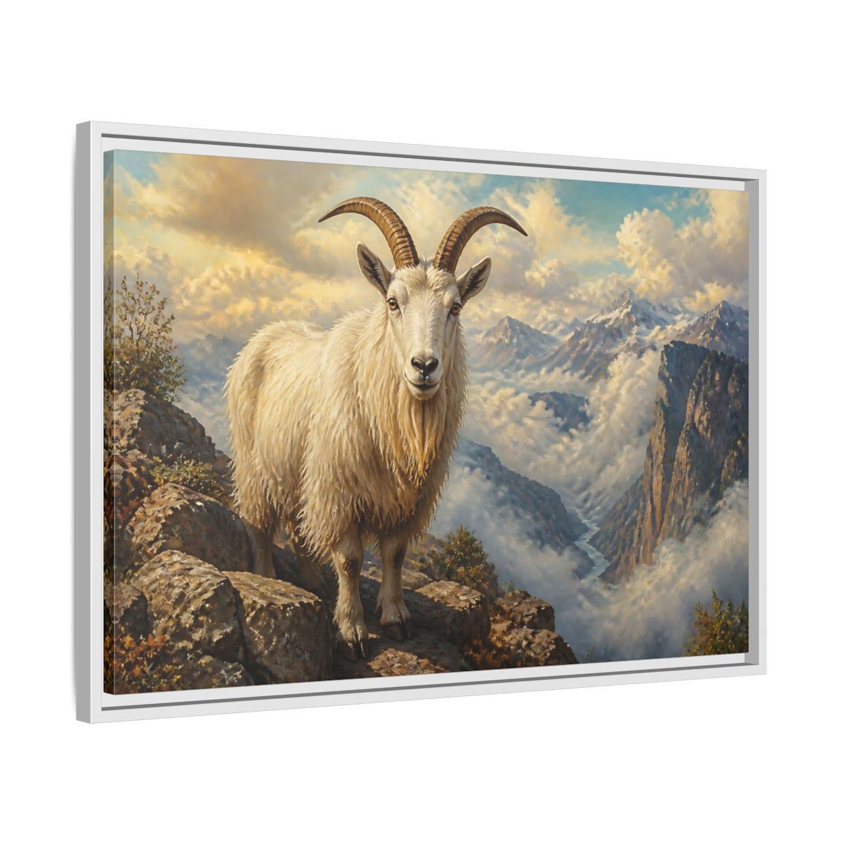 Side Mockup 10. Animals Mountain Goat White Mountain Goat shown as stretched canvas wall art