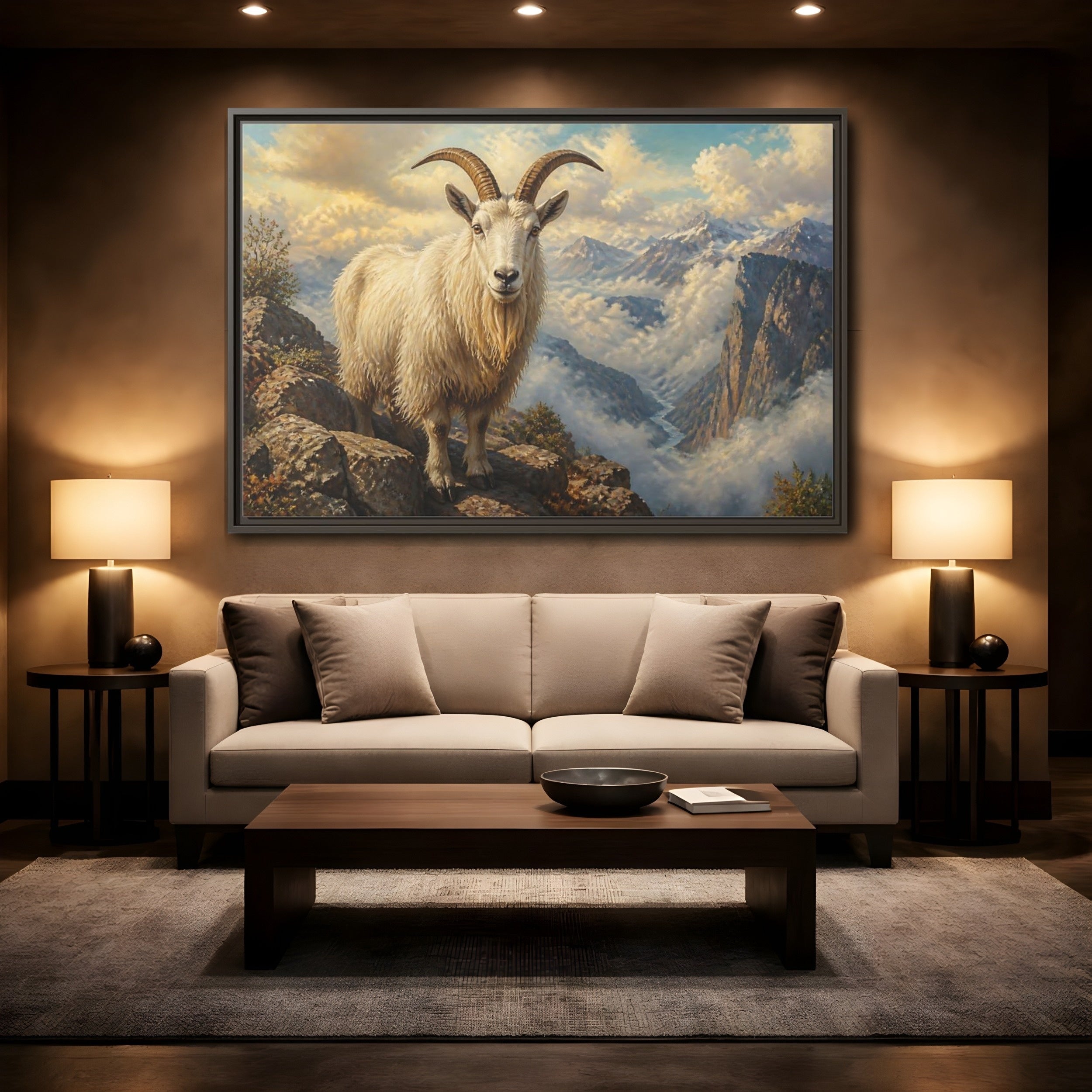 Mockup 2. Animals Mountain Goat White Mountain Goat shown as stretched canvas wall art