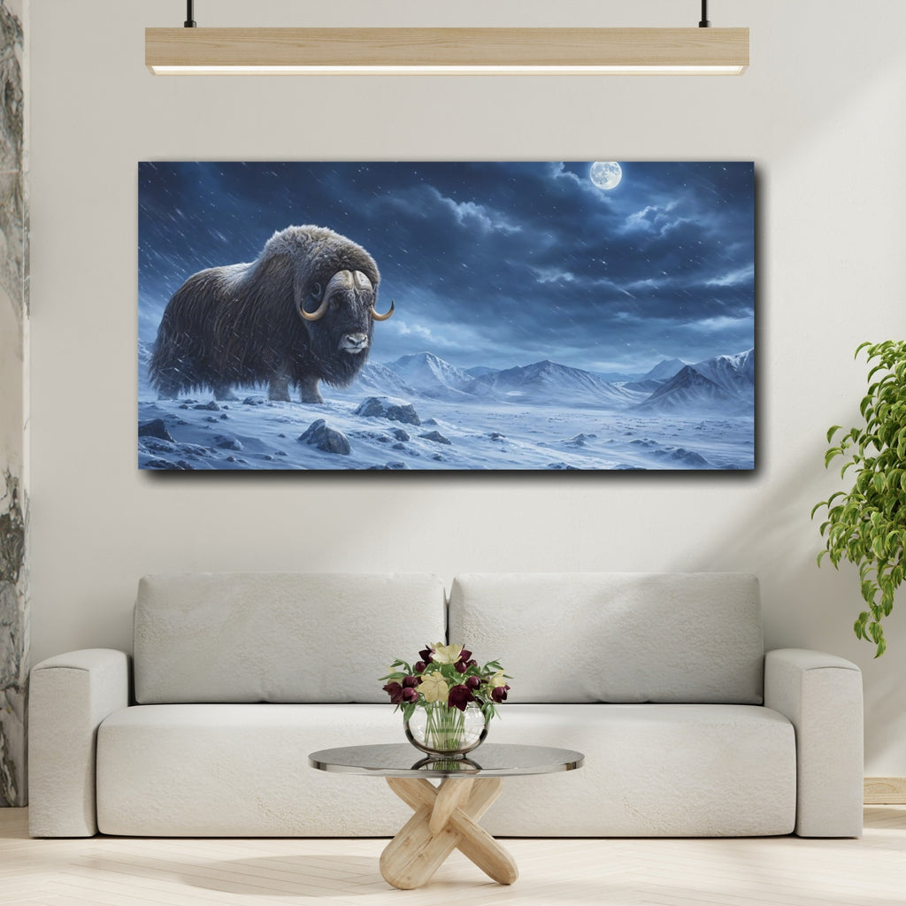 Mockup 2. Animals Musk Ox Blue Winter Animal shown as stretched canvas wall art