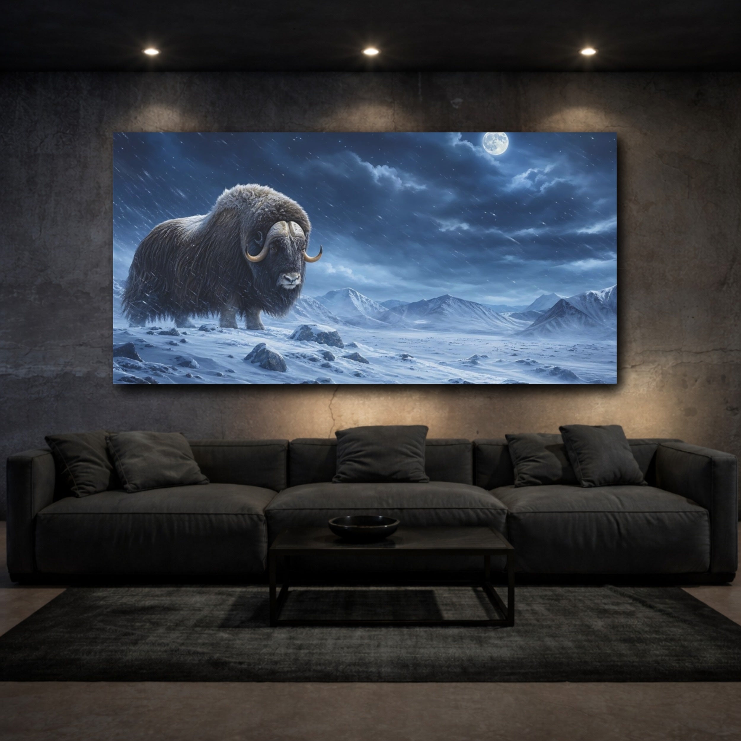 Mockup 3. Animals Musk Ox Blue Winter Animal shown as stretched canvas wall art
