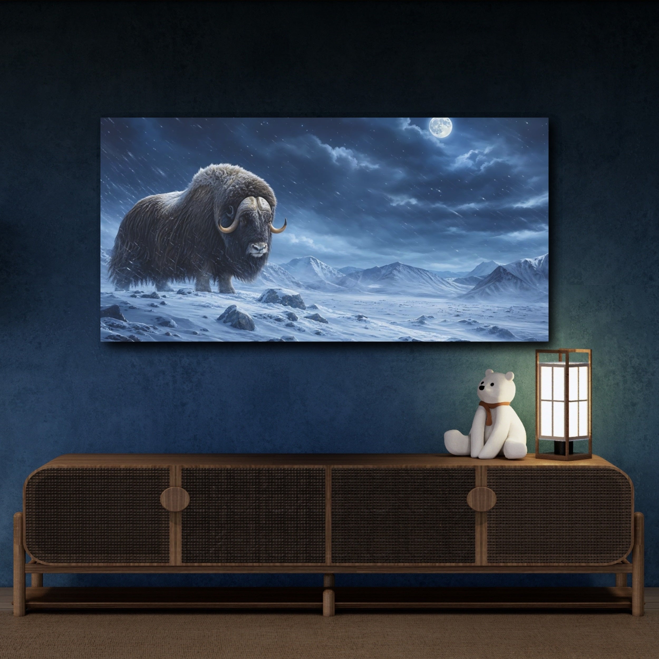 Mockup 4. Animals Musk Ox Blue Winter Animal shown as stretched canvas wall art