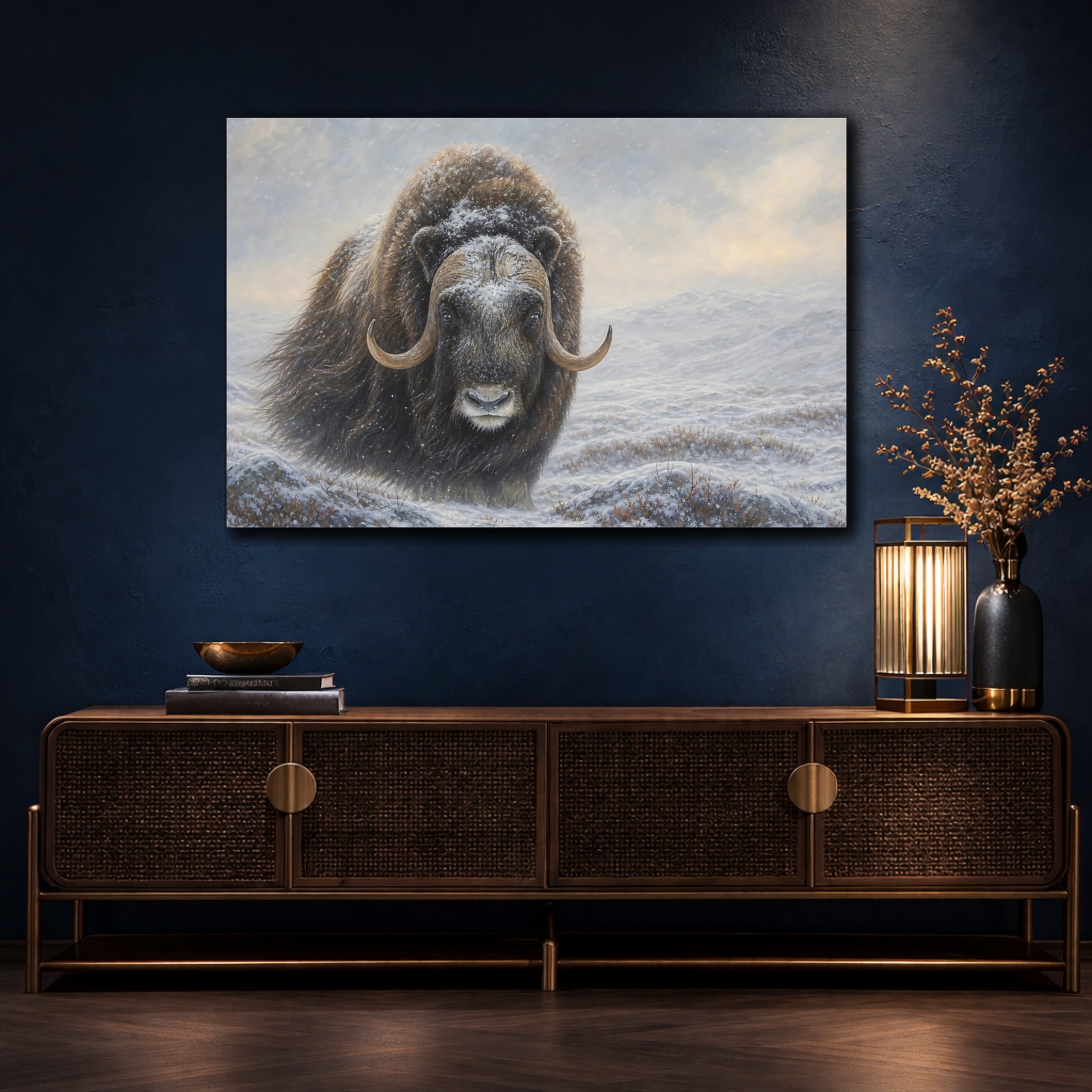 Mockup 4. Animals Musk Ox Brown Winter Animal shown as stretched canvas wall art