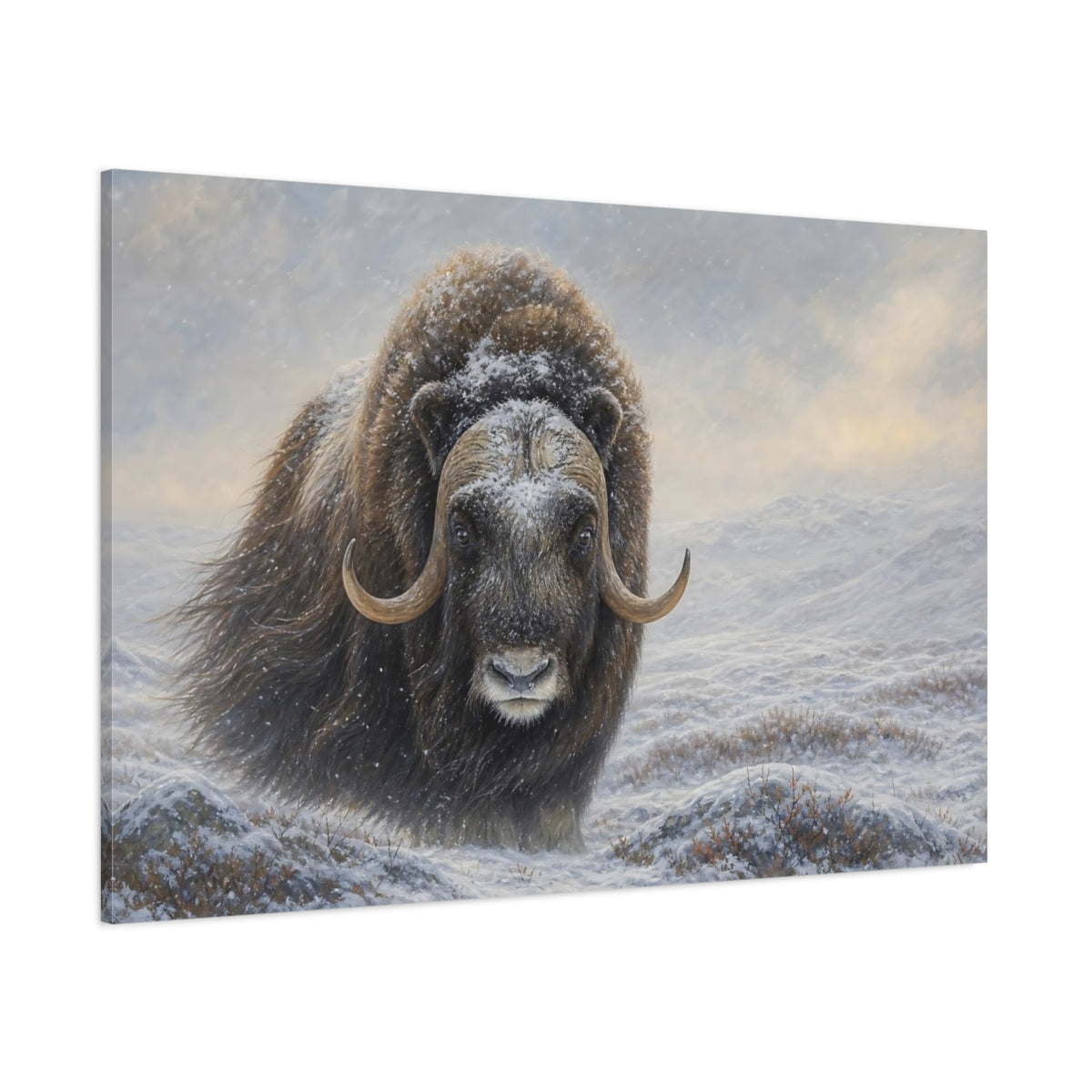 Side Mockup 1. Animals Musk Ox Brown Winter Animal shown as stretched canvas wall art