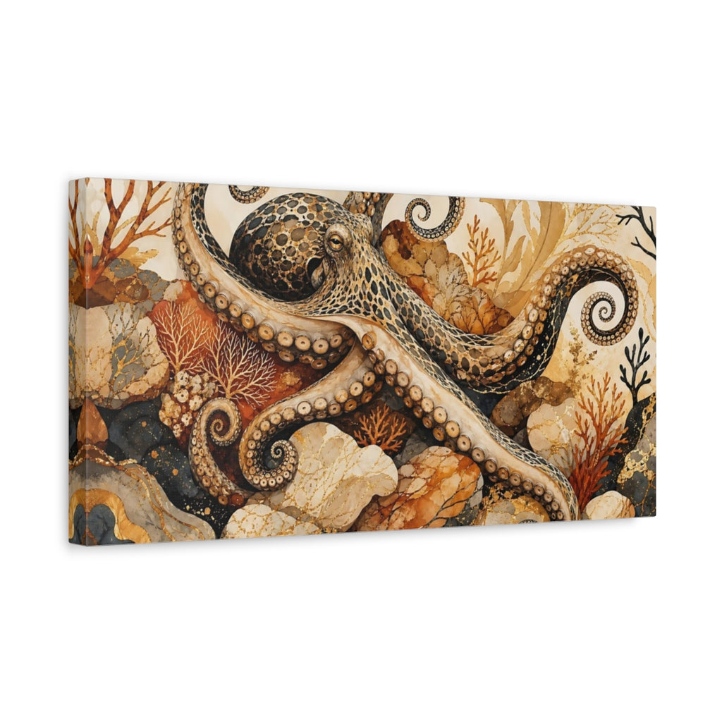 Side Mockup 3. Animals Octopus Brown Gold Octopus shown as stretched canvas wall art