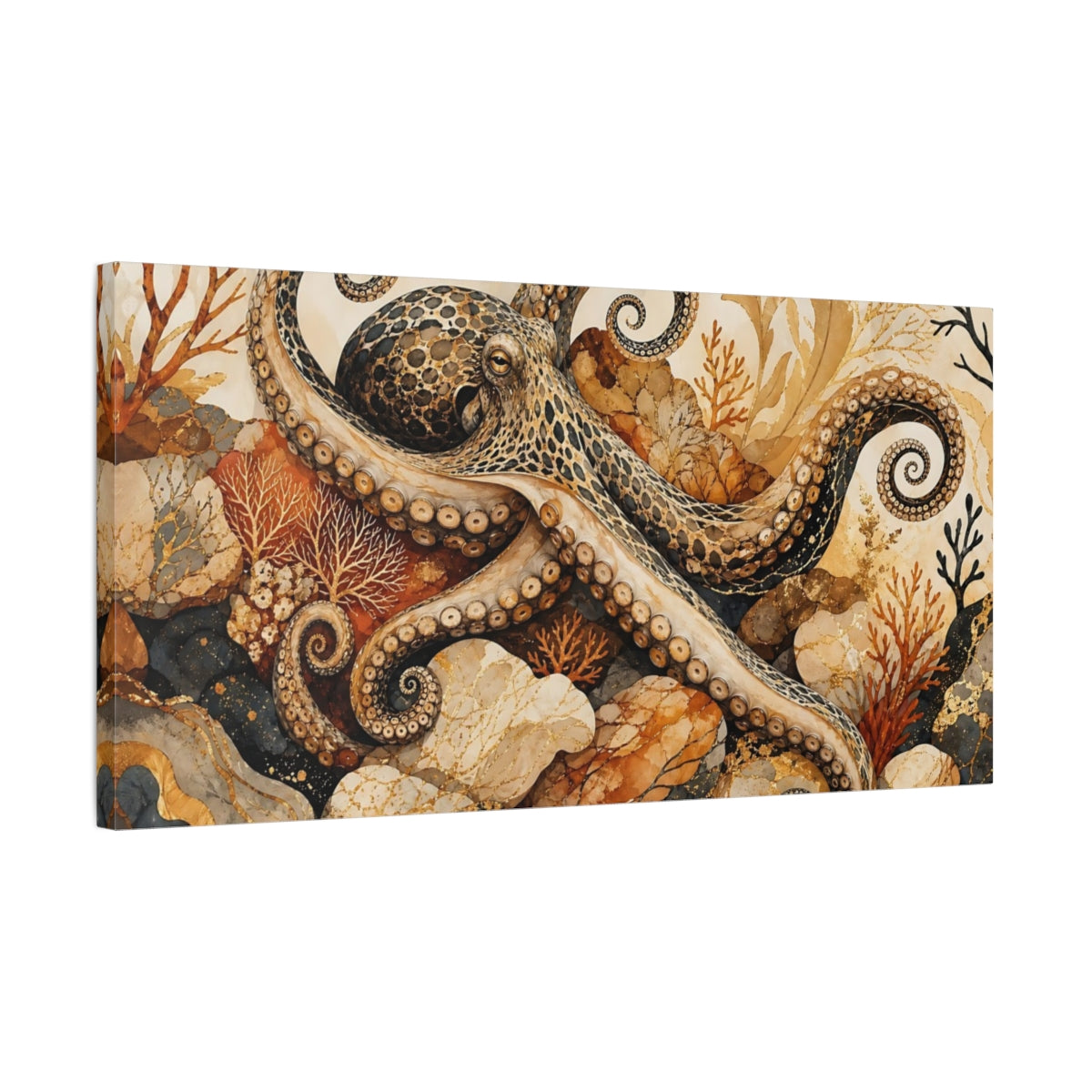 Side Mockup 1. Animals Octopus Brown Gold Octopus shown as stretched canvas wall art