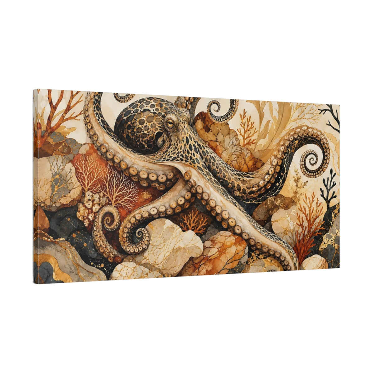 Main Mockup. Animals Octopus Brown Gold Octopus shown as stretched canvas wall art