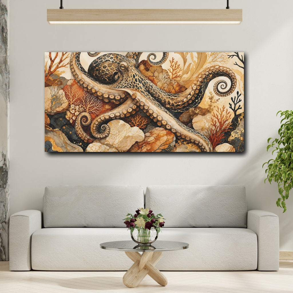 Mockup 2. Animals Octopus Brown Gold Octopus shown as stretched canvas wall art